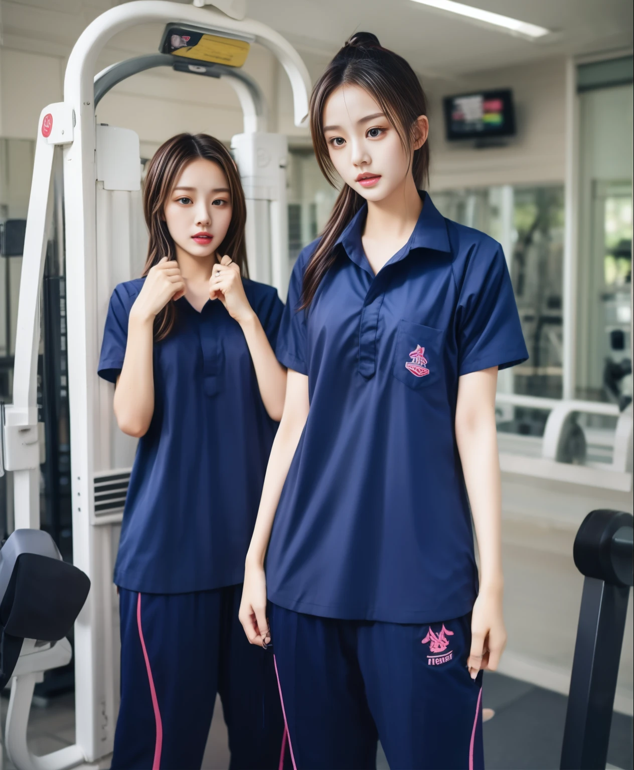 3 girls in fitness center, Navy blue short-sleeved shirt,Navy Long Trackpant,Sweatpants, Sweatpantsขายาว,25 year old girl, lesbian, sexy, exercise clothes, wet body, exercise clothes