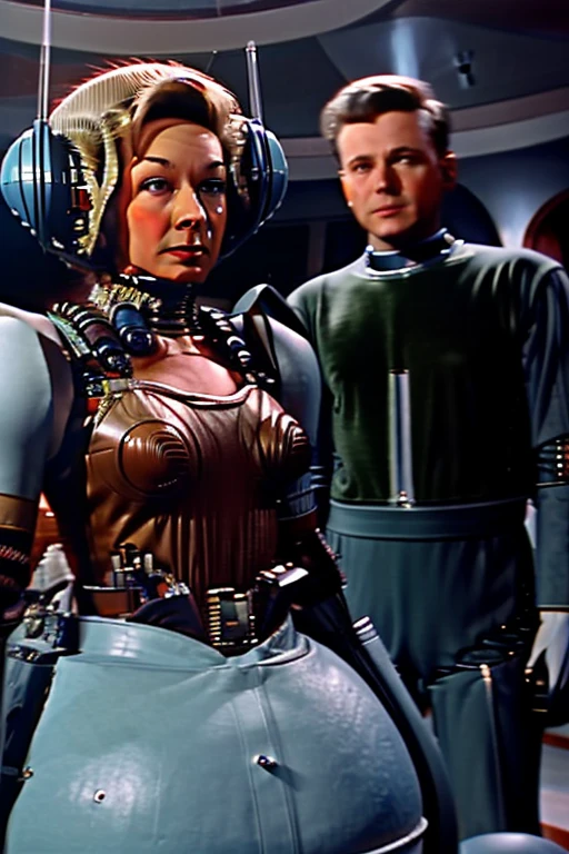 Wide shot of a 1950s science fiction TV series with human actors and robots