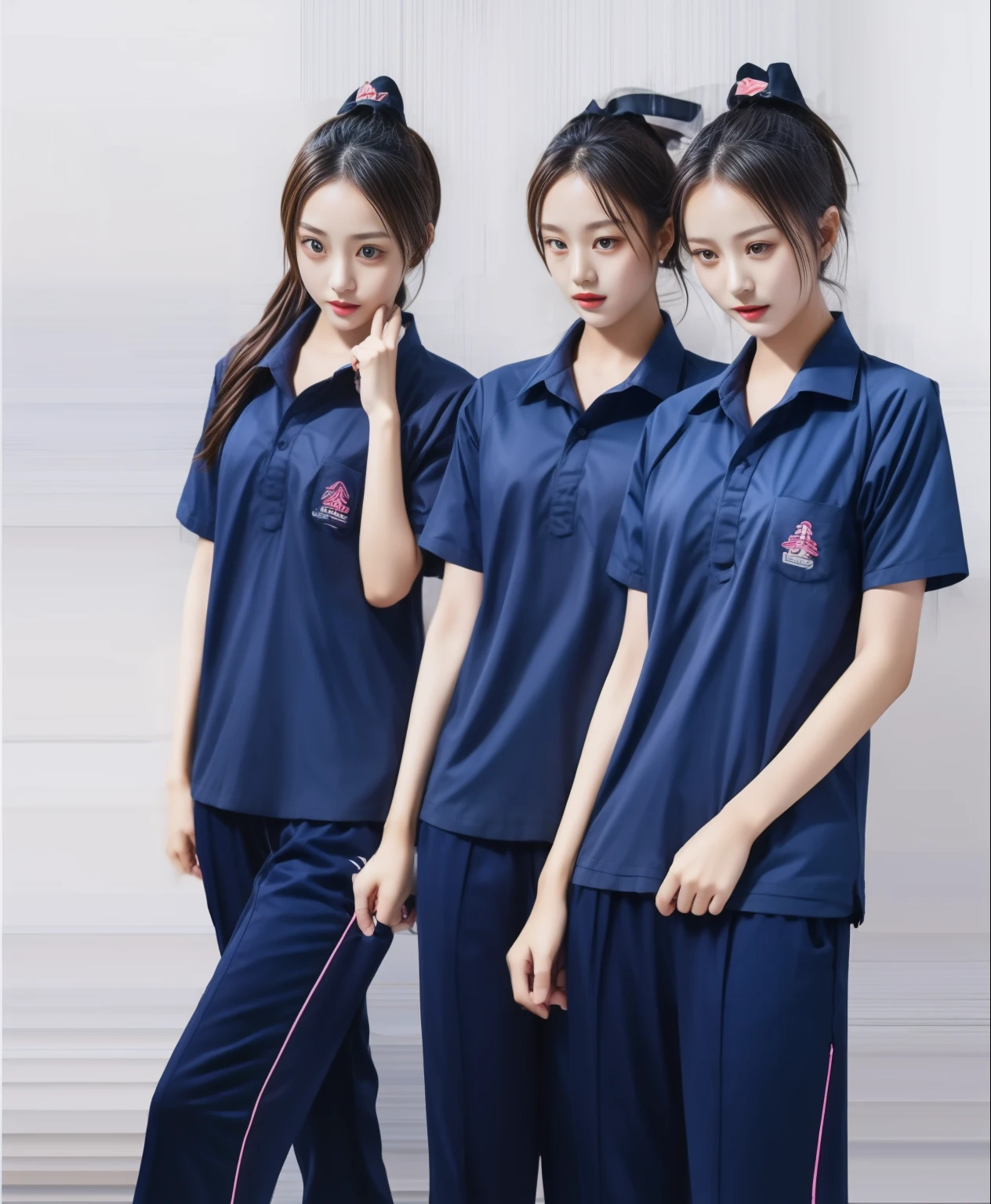 3 girls in fitness center, Navy blue short-sleeved shirt,Navy Long Trackpant,Sweatpants, Sweatpantsขายาว,25 year old girl, lesbian, sexy, exercise clothes, wet body, exercise clothes