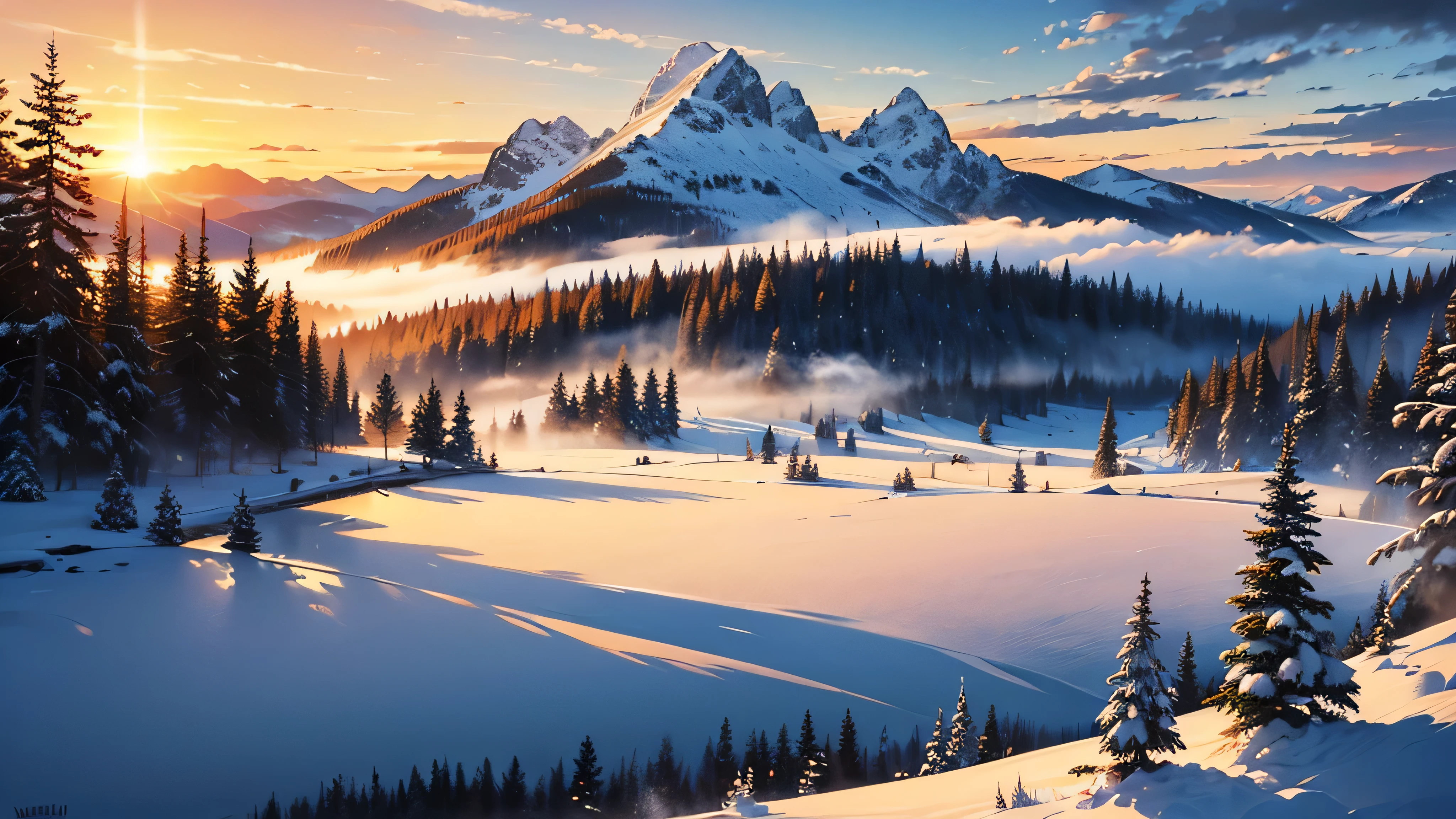 oil painting, acrylic, thick brush, oil on canvas, winter landscape, snowy forest, misty mountains, sunset, impressionism. smooth