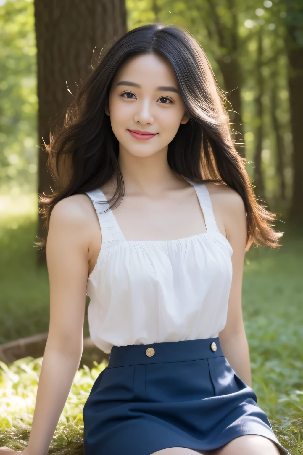 Beautiful and pretty girl, full body photo, Very beautiful and delicate, black hair, cute smile, Delicate and beautiful fair skin, realistic and realistic, exquisite and perfect facial features, Detailed facial description, expensive鼻橋, flowing silky hair, very delicate hair, soft temperament, D size chest, face light, expensive, thin, genuine, Hyper genuine, whole body lens, front tilt angle, ultimate image quality, highest precision, Accurate and perfect human body structure. blue sky and white clouds, Sitting in the woods, blue sky and white clouds, sunlight, (suspenders, mini skirt) You can clearly see the white pants, messy hair, physical rendering, exquisite clavicle, big and full breasts.