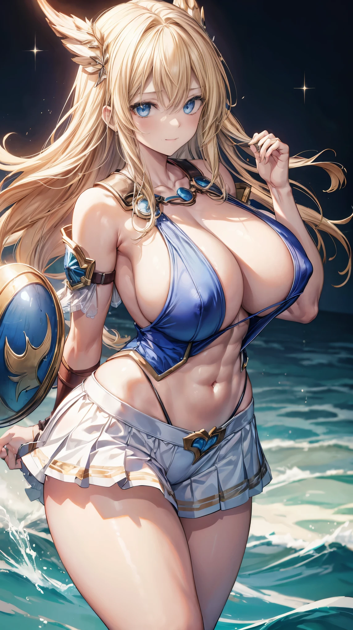 sensual, long blonde hair, thick thighs, 8K, 4K, highest quality, High resolution:1.2), cute anime face, noise reduction, shining blue eyes, gentle smile, gentle eyes、toned abdominal muscles, muscular arms, muscular legs, young face, anime eyes, (((big breasts、A chest that is about to burst)))、sophitia、sword、shield