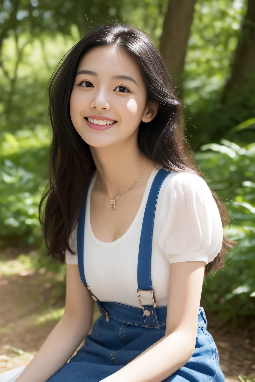 Beautiful and pretty girl, full body photo, Very beautiful and delicate, black hair, cute smile, Delicate and beautiful fair skin, realistic and realistic, exquisite and perfect facial features, Detailed facial description, expensive鼻橋, flowing silky hair, very delicate hair, soft temperament, D size chest, face light, expensive, thin, genuine, Hyper genuine, whole body lens, front tilt angle, ultimate image quality, highest precision, Accurate and perfect human body structure. blue sky and white clouds, Sitting in the woods, blue sky and white clouds, sunlight, (suspenders, mini skirt) You can clearly see the white pants, messy hair, physical rendering, exquisite clavicle, big and full .
