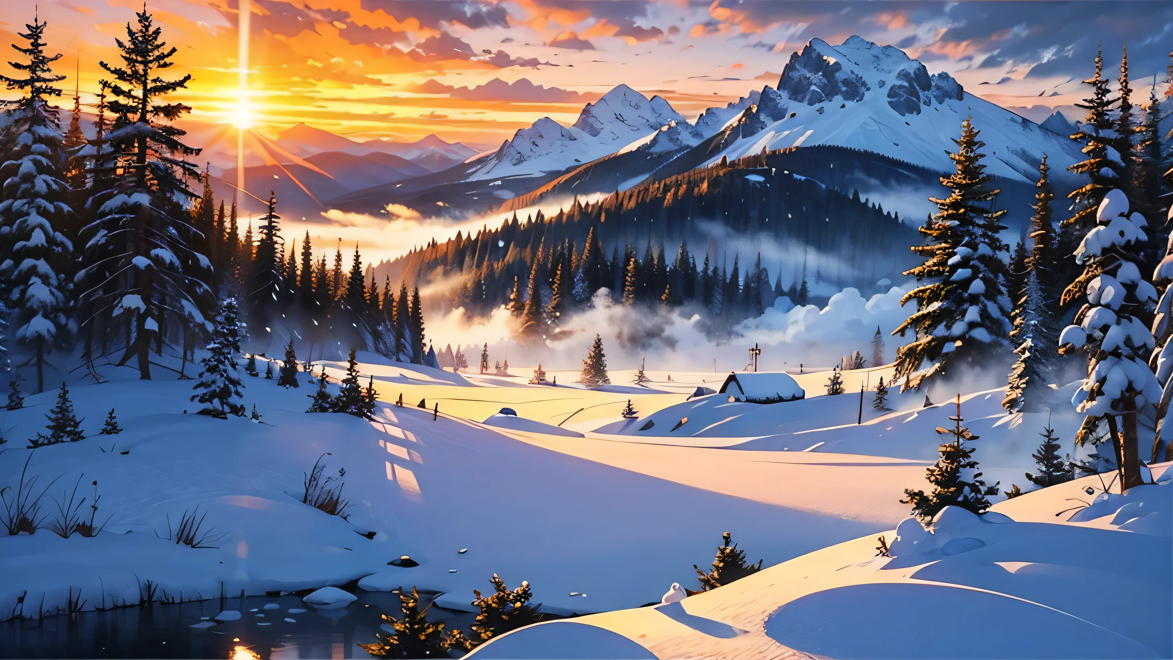 oil painting, acrylic, thick brush, oil on canvas, winter landscape, snowy forest, misty mountains, sunset, impressionism. smooth