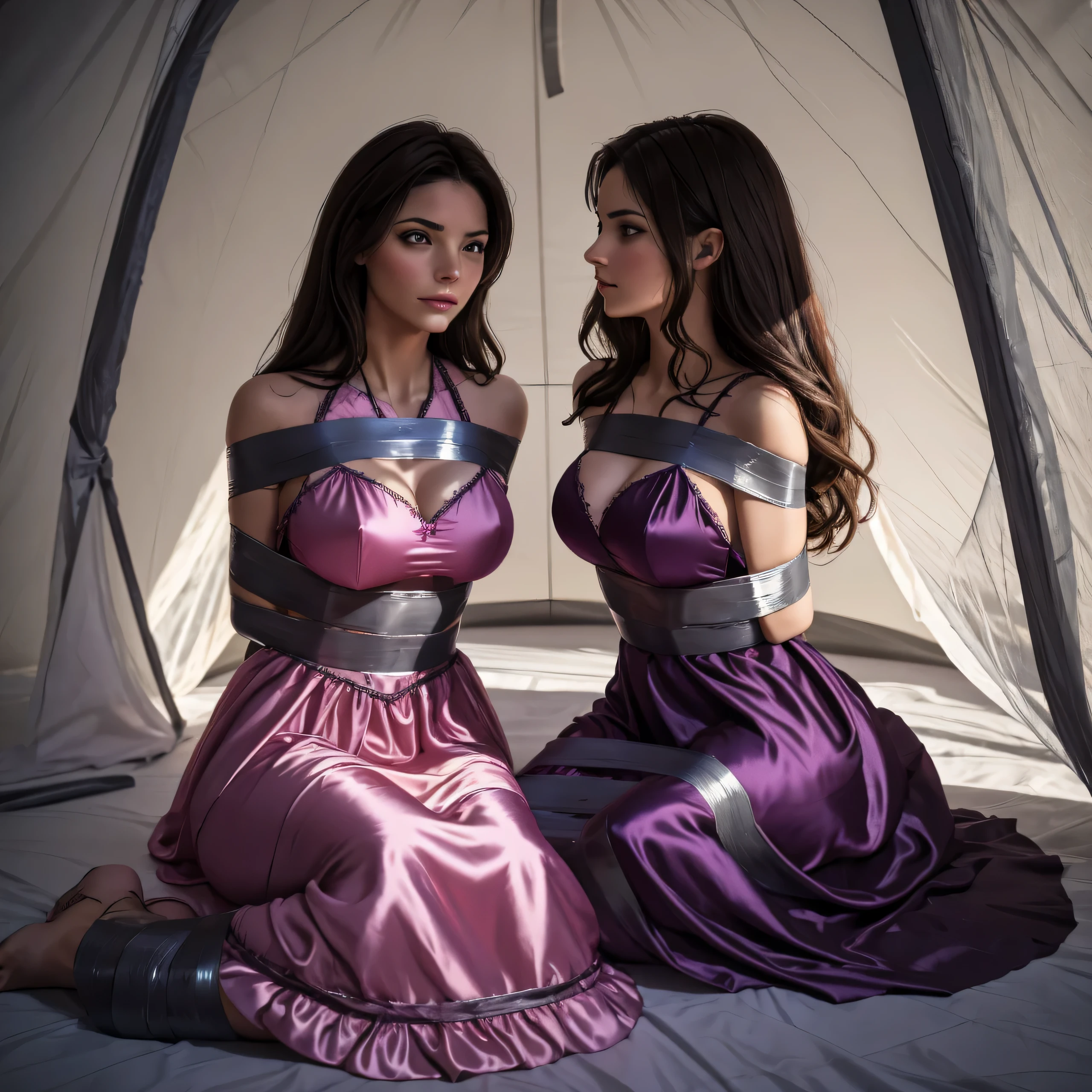 two girl playing bondage game,(bright lighting,romantic setting),dreamy background,bondage,dark hair, mesmerizing gaze, , soft skin, alluring beauty, artistic portrait, high-quality image, vibrant colors, long silk gown, in the tent,tape bondage,tape gag, mosquito net