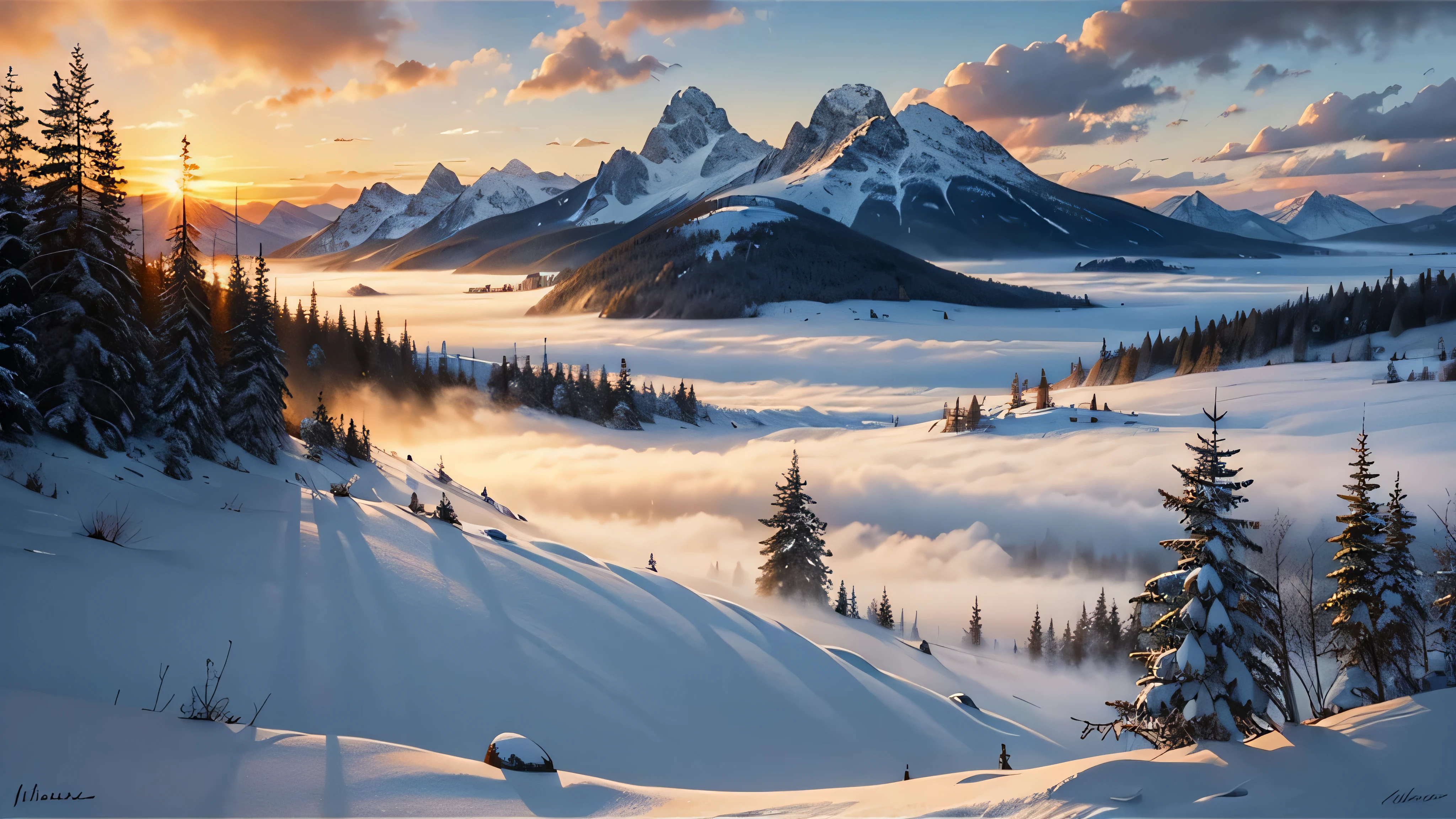 oil painting, acrylic, thick brush, oil on canvas, winter landscape, snowy forest, misty mountains, sunset, impressionism. smooth