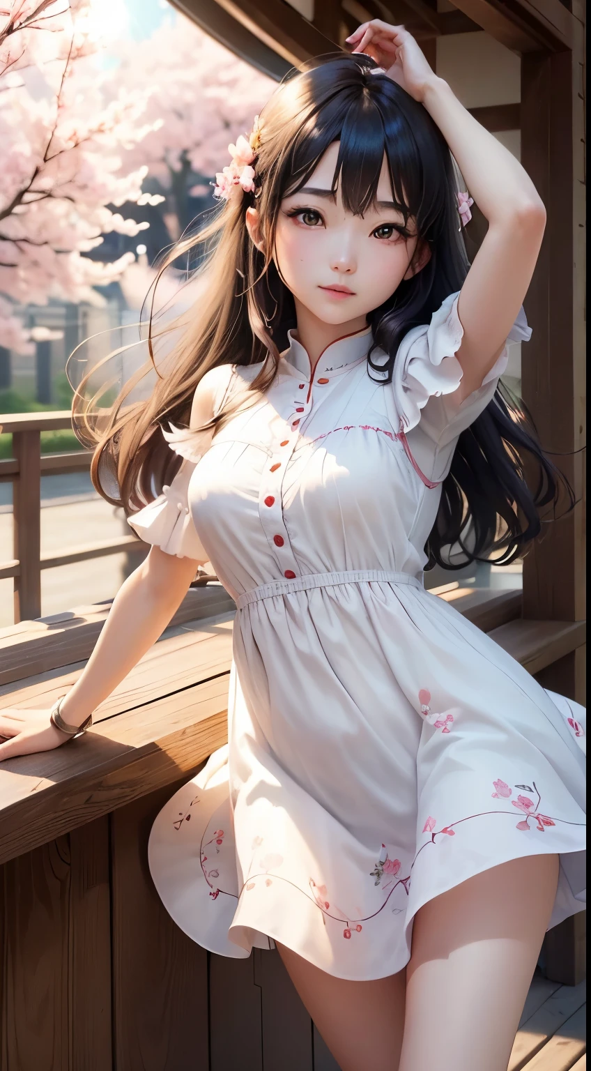 (logo、masterpiece、8K、table top、RAW photo、wonderful、最high quality、フォトリアリスティックでvery detailedな CG 統合 8k 壁紙、high quality、very detailed、narrative poem、particle effects、dynamic effects、Depth of bounds written、cinematic light、Lens flare、ray tracing)、fantasy、 (1 beautiful woman、dress、dress、cherry blossom pattern、black haired、beautiful face、real face、beautiful details eyes beautiful skin)、髪がWindで踊る、Hair flutters in Wind、hair jump、pink cherry tree、petals dance、SakuraFubuki、wonderful景色、sunrise、sun on background、Wind