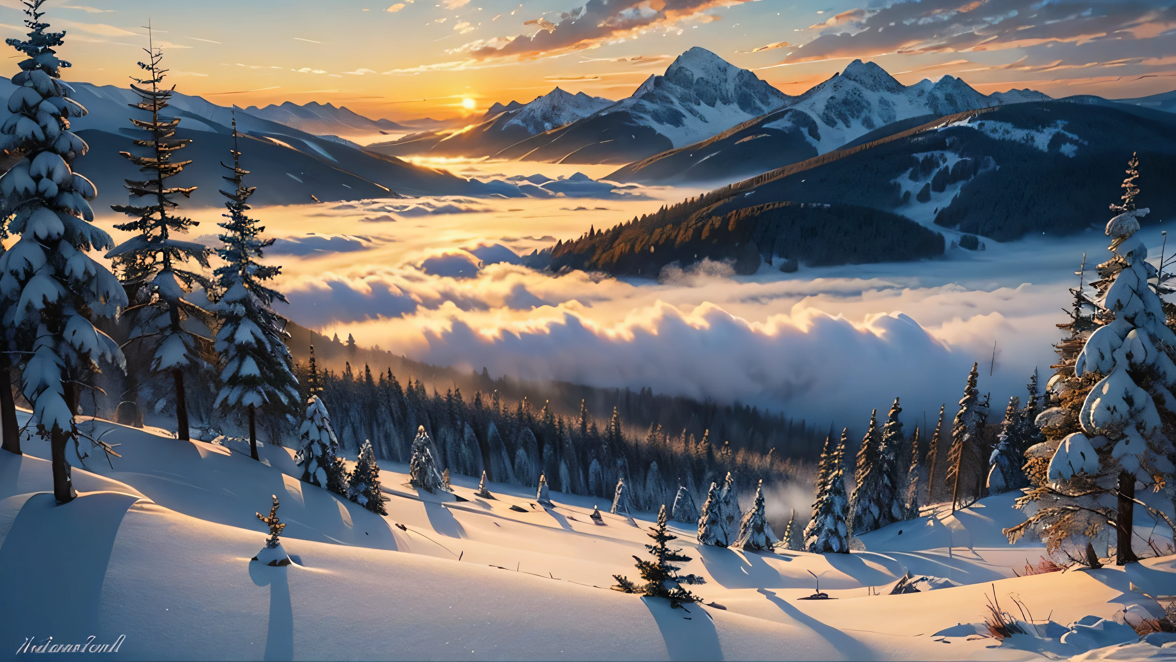 oil painting, acrylic, thick brush, oil on canvas, winter landscape, snowy forest, misty mountains, sunset, impressionism. smooth