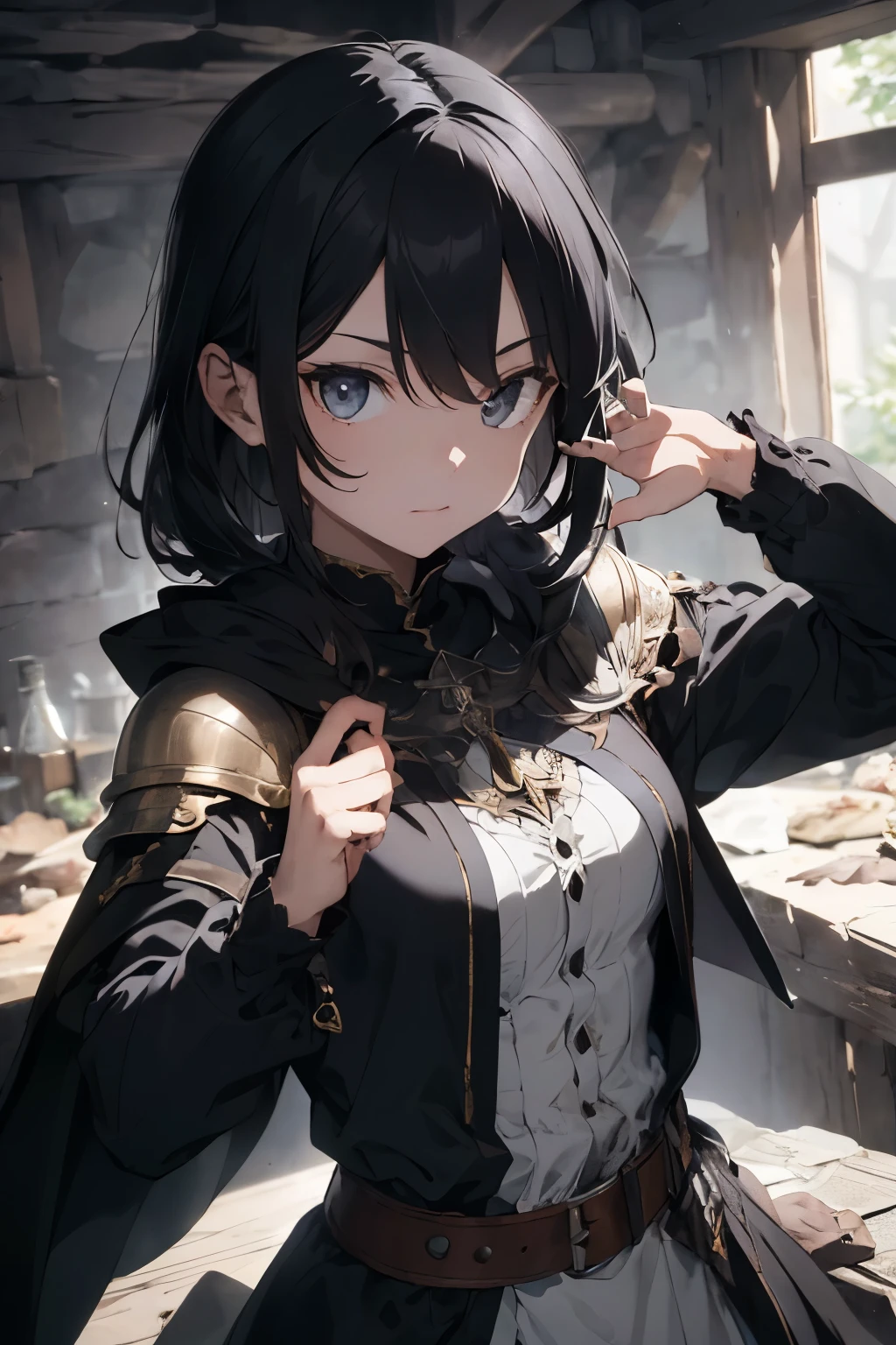 ((best quality)), ((Meisterwerk)), (detailliert), perfektes Gesicht, (Meisterwerk, best quality, detaillierter Hintergrund, Komplizierte Details), Fantasy-Thema, Herr der Ringe , black hair, long hair, Im Inneren des Dungeons, 1girl , ager , Zauberer , Magier , lange robe, breastplate , Umhang , Bandana, grau Augen, Dagger on the hip, Belt bags, selbstbewusster Ausdruck, dynamische Pose, rostige Schatztruhe, Steinmauern, dunkel , schwarze haare, lange haare, umhang, black cloak, light metal armor , evil look , Evil expression , hole body , light armor , grey eyes , magician cloak, magician clothing