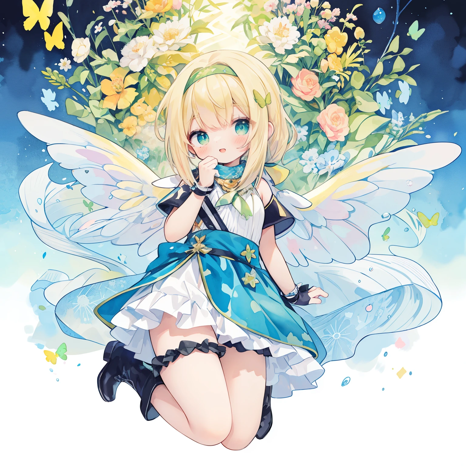1 girl:1.8,(cute illustration:1.3)、(watercolor painting:1.1)、hologram star ocean background、jump、floating、laughter、Aster Harmony Garden Sprite,((((high ponytail wavy)),golden hair in a ponytail))、(purple headband:1.9)、(wrap a yellow scarf around your neck:1.9)、smile、(ultramarine long gloves:1.9)、((Wears oversized green butterfly wings。。。。。。:1.8))、 Playful ruffles and layers create a whimsical touch, Narrow your waist to create a beautiful silhouette, Lace-up boots with ribbon ties, Moist makeup with pastel eyeshadow, Add glitter and petal accents to the cheeks, 、 ,thick wool gown:0.5