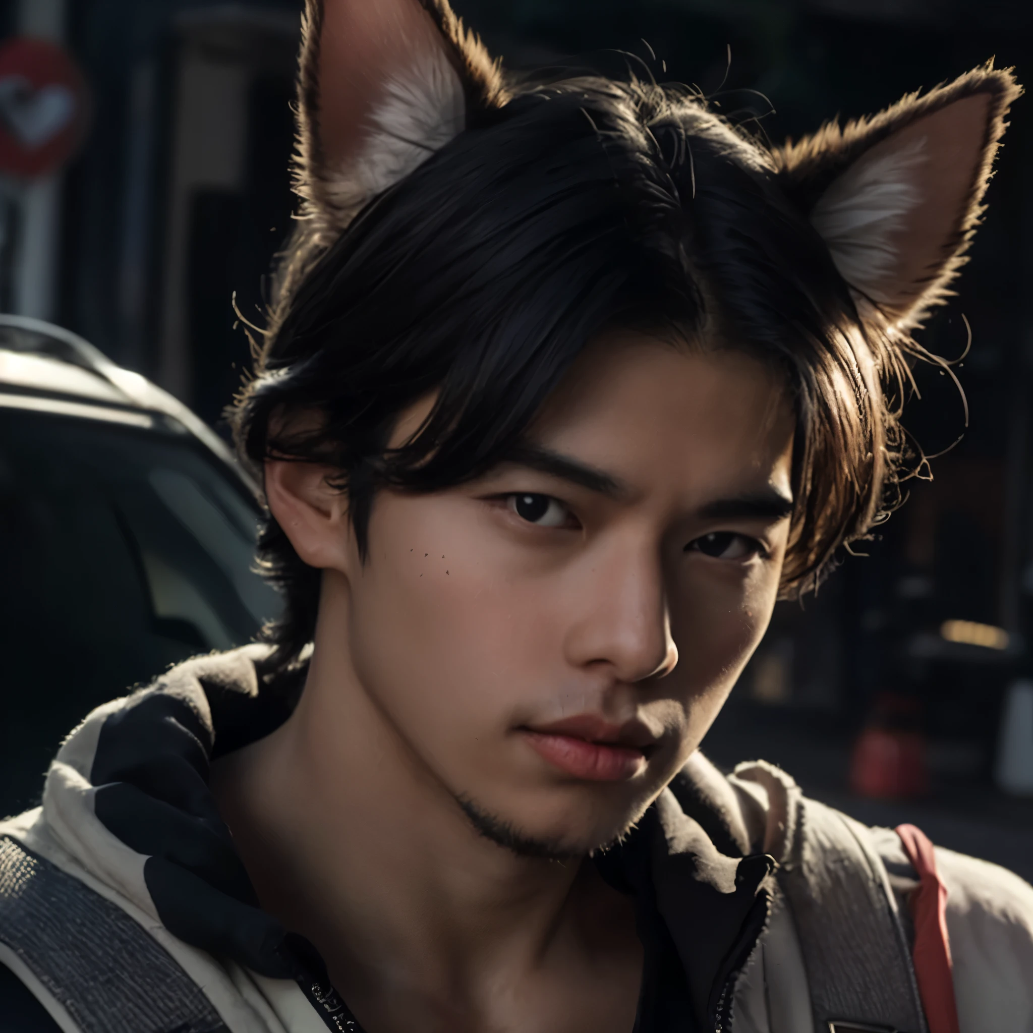 The image shows a person emerging from the sunroof of a car. The face of the man with masculine features of the Star Bang Chang from South Korea has small eyes, a straight and prominent nose, dimples on the cheeks, heart-shaped lips, uniform and full, the cupid's bow is that small space between the upper lip and the nose, mole on the left eyebrow, broad shoulders. This person wears furry ears exactly like a cat, he wears gloves in the hyperrealism shape of a cat's paws. She is dressed in a dark blue jumpsuit partially pulled down to expose her shoulders and part of her chest with muscular and anabolic parts. He wears black gloves and some kind of spiked collar around his neck. The car is white and appears to be parked next to a curb on a sunny street.