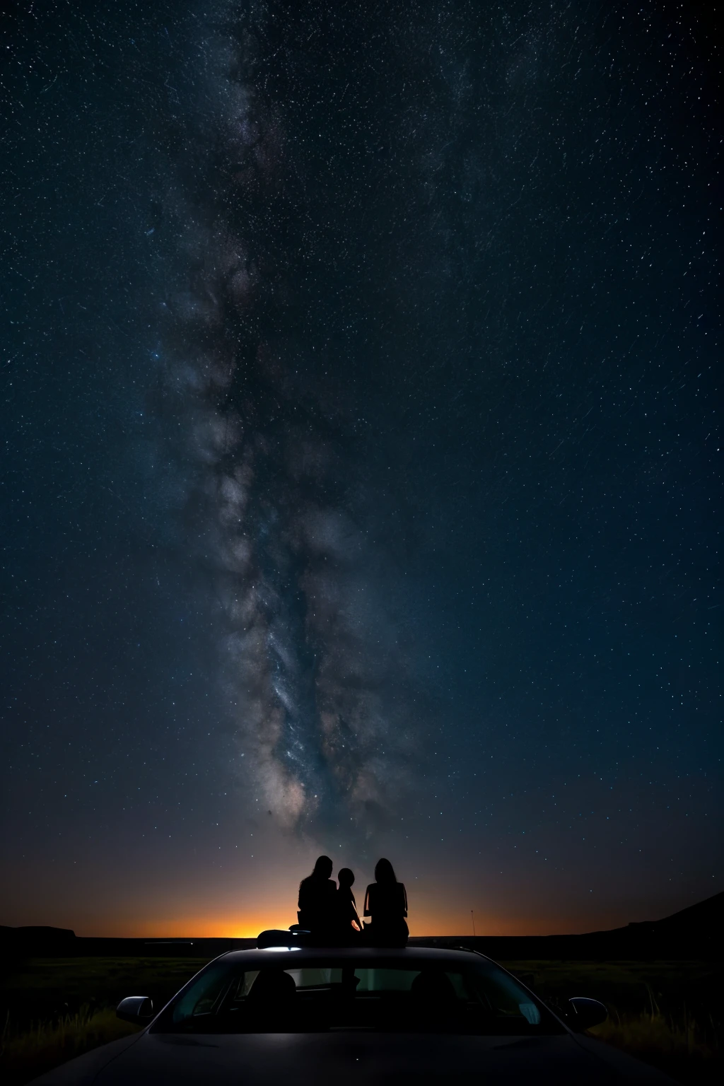 landscape photography of two silhouette people sitting on top of a car, looking at the stars, starry night sky, highly detailed