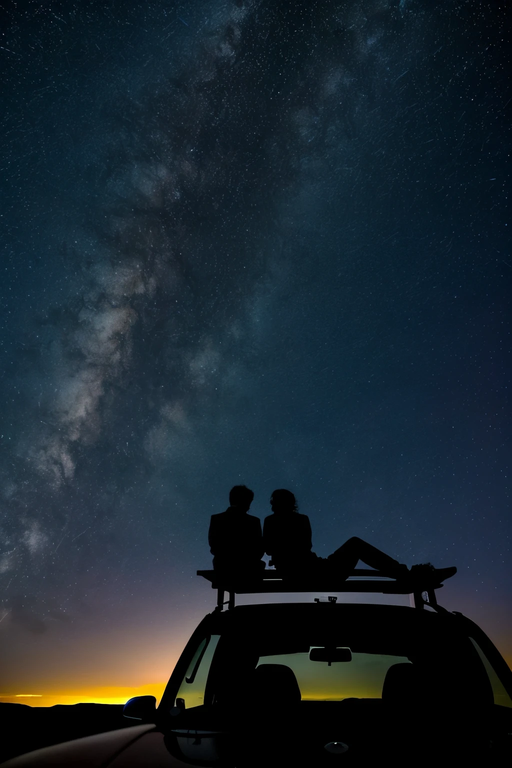 landscape photography of two silhouette people sitting on top of a car, looking at the stars, starry night sky, highly detailed