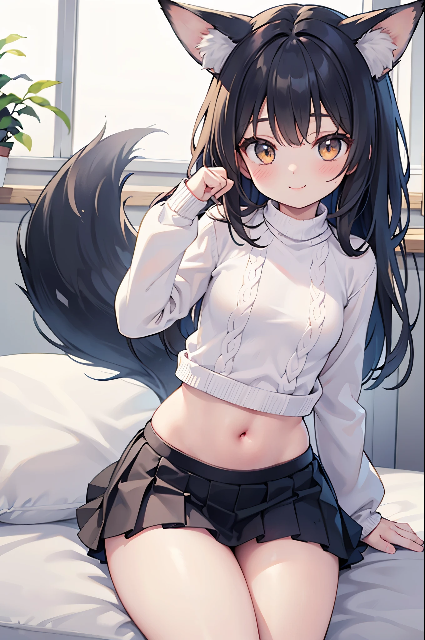 realistic image, coherent image, detailed image, 1 beautiful girl, She has black hair, long, silky hair, long eyelashes. Golden eyes, she has fox ears and fox tails. Her face is oval and delicate, smiling. She is wearing a long sleeve sweater, navel showing, pleated mini skirt. She has a curvy body, small breasts, thick thighs, volumetric lighting, natural lighting, sexy pose