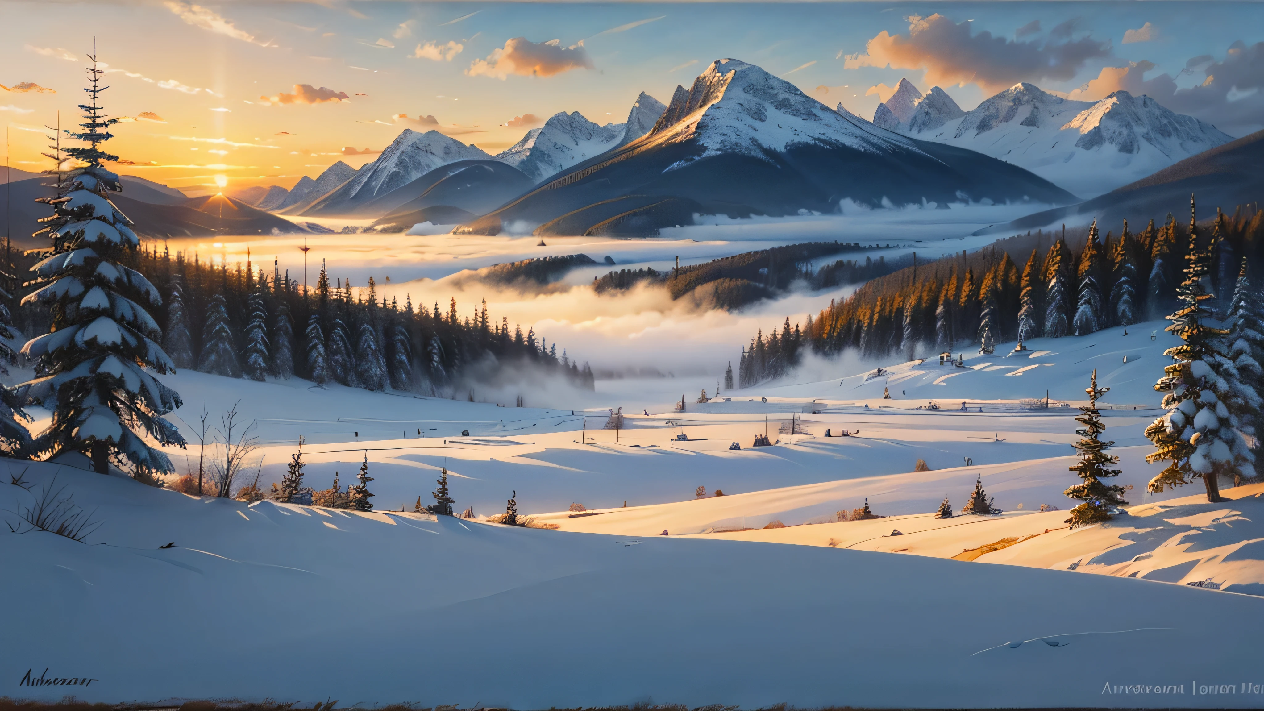 oil painting, acrylic, thick brush, oil on canvas, winter landscape, snowy forest, misty mountains, sunset, impressionism. smooth