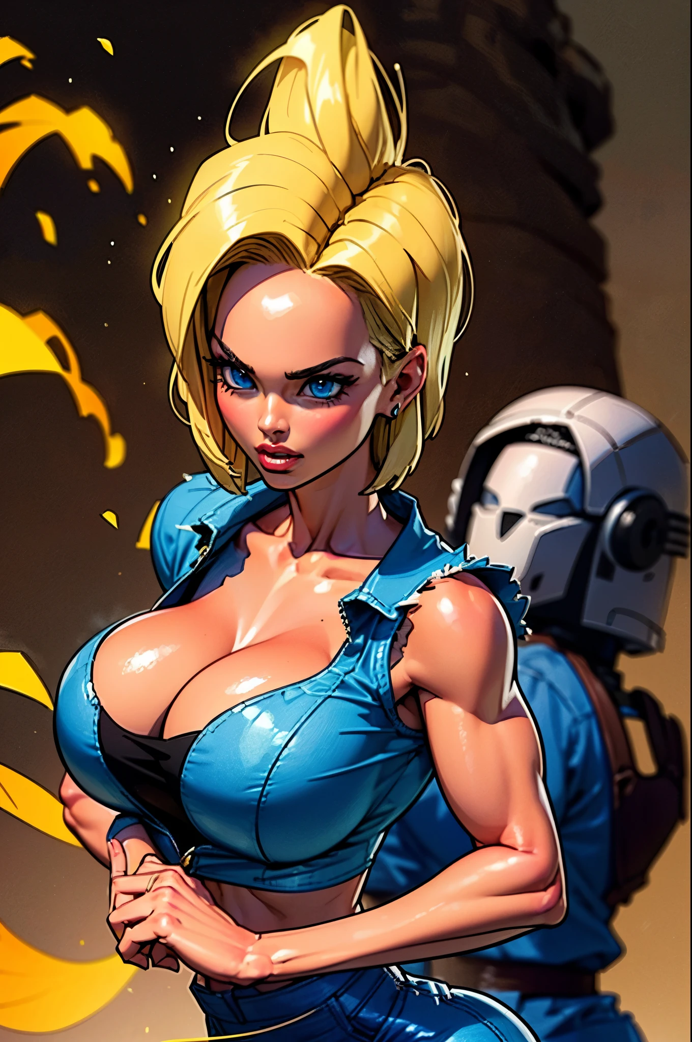 (((1 girl,  cute, ((android 18)), gigantic :1.2), denim jacket, black top, blond, short hair, bob hair,  side parted hair, blue eyes))), (((blond hair))), 
dynamic poses, realistic style, depicting android 18 in various action scenes, from intense battles to lighthearted moments, with dramatic speed lines , capturing the excitement and energy of the story, Attack forward with palm