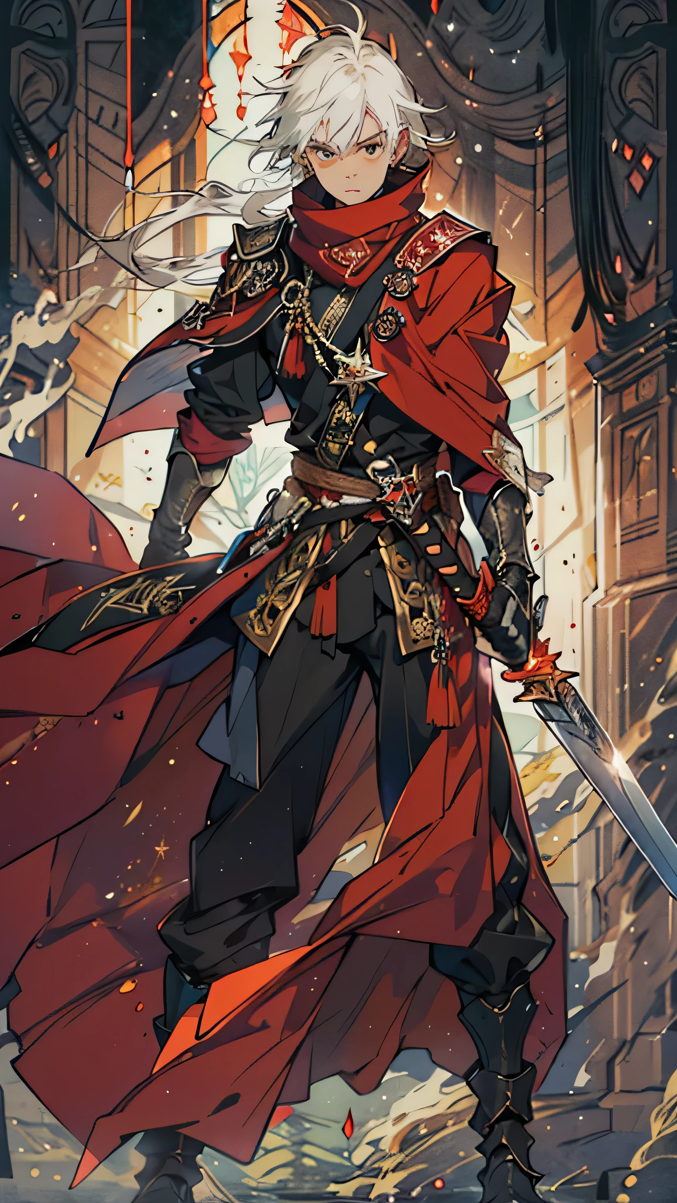 Medieval fantasy, Tall male adventurer wearing simple clothes, teenager, detailed face, red cape, short white hair, gold eyes, sword on hilt, serious face, Windy background, portrait, looking at camera, cinematic lighting, night