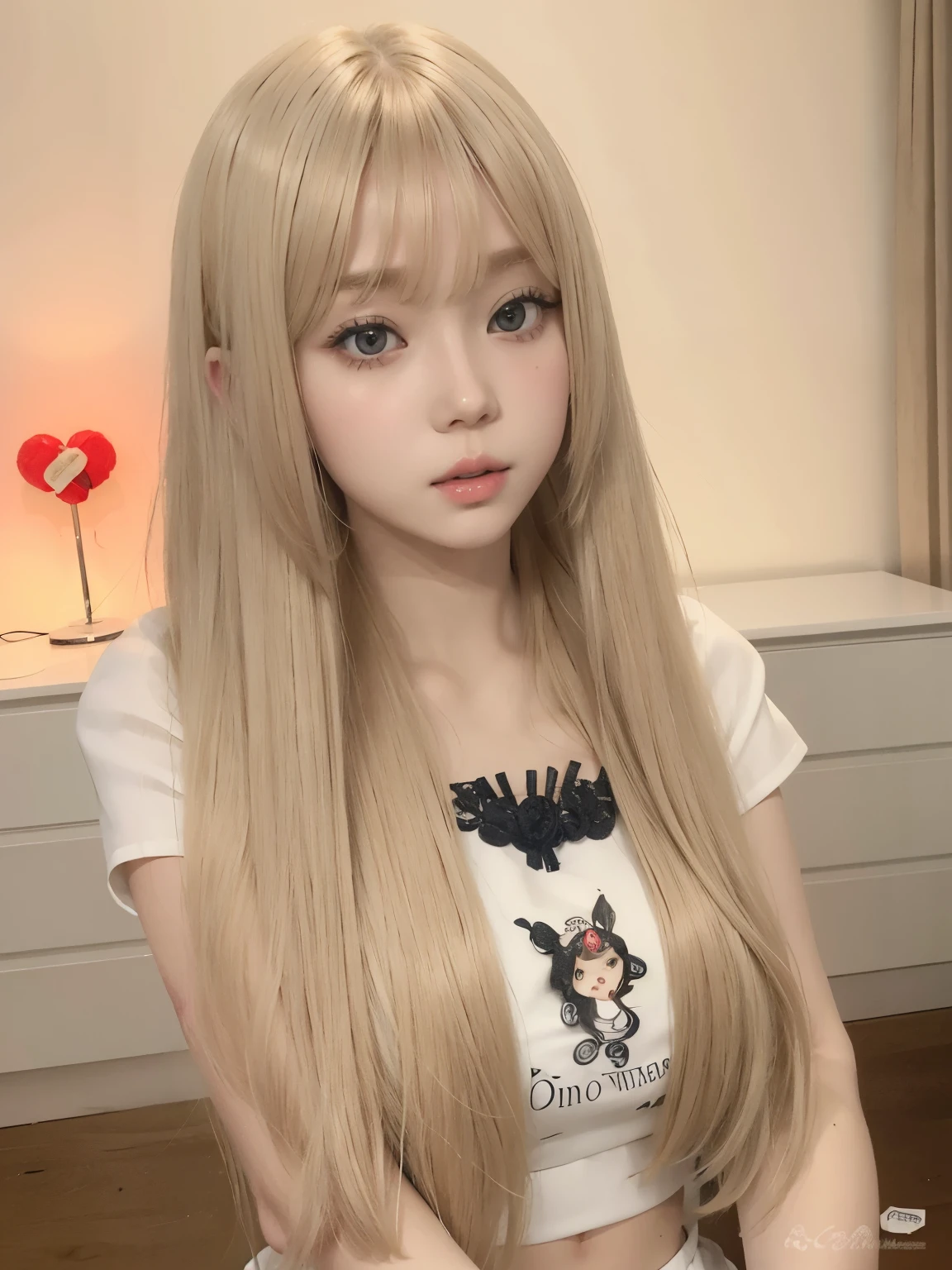 a close up of a woman with long blonde hair wearing a white shirt, long blonde hair and big eyes, the hime cut, long hair with full bangs, long blonde hair and large eyes, white hime cut hairstyle, long hair with bangs, anime girl in real life, lalisa manobal, ulzzang, blonde straight hair, anime girl with long hair