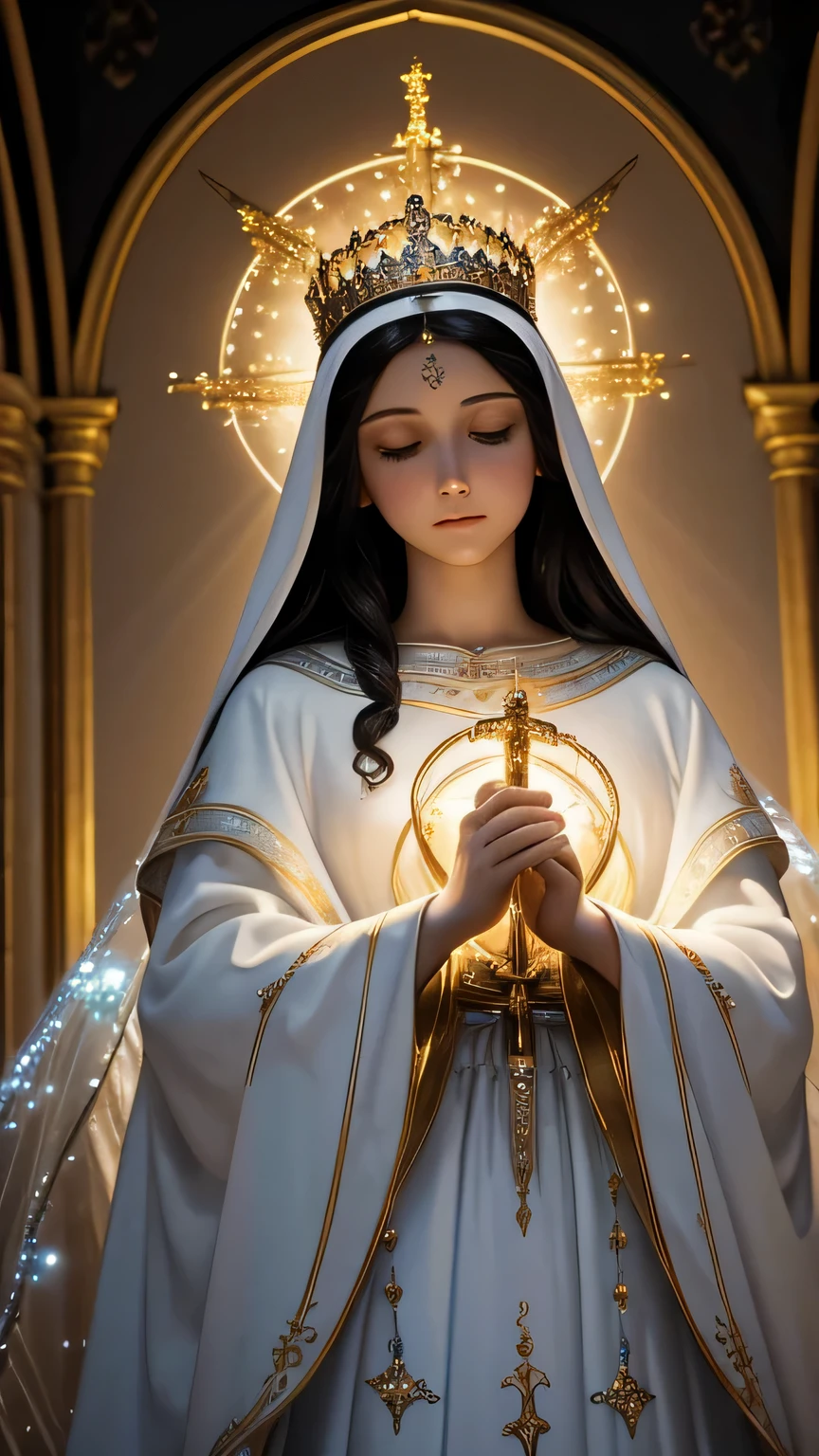 Impressive representation of Our Lady of Lourdes., su rostro angelical irradiando belleza y gracia. The background is full of ethereal lights., creating a celestial atmosphere. Angelitos bailan a su alrededor., Its soft lights add to the magical scene.