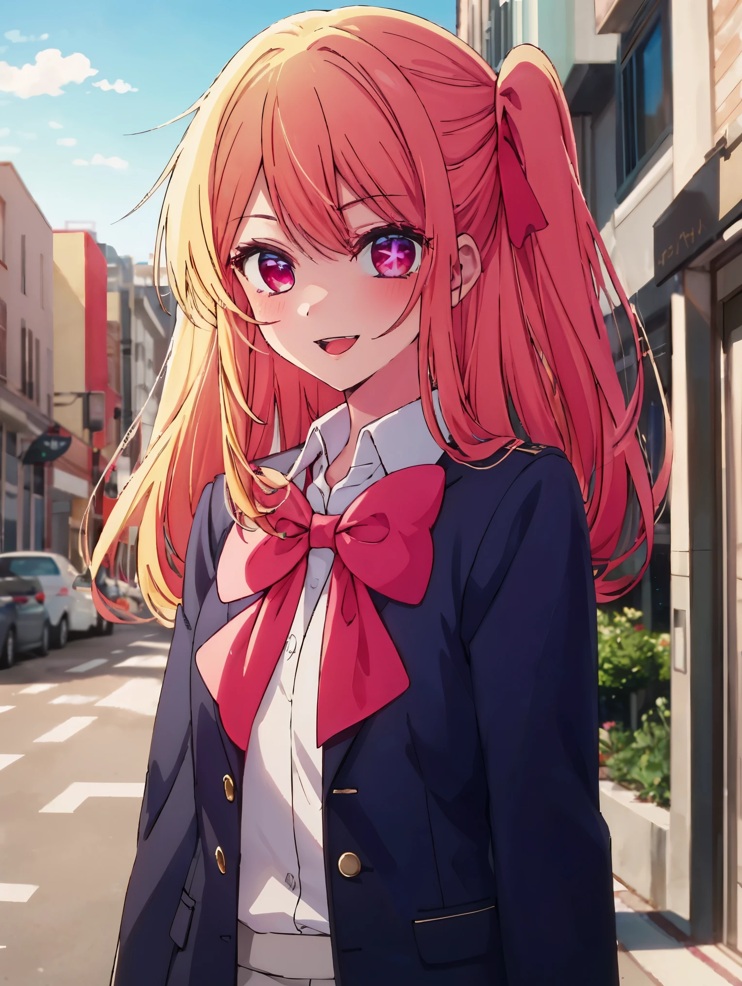expensive body, expensive, long legs, mature female, mature, adult, it is_recommendation_Ruby, 1 girl, alone, blonde hair, shirt, bow, smile, long hair, school uniform, collared shirt, white shirt, looking at the viewer, open your mouth, Jacket, Upper body, colorful hair, bowtie, long sleeve, bangs, striped hair, pink bow, blue Jacket, outdoor, :d, red bow, pink eyes, red eyes, teeth, parody, blazer, wood, blurry, pink hair, side lock, blurry background, pink bowtie, one side up, red bowtie, upper teeth only, (((anime style))),8K,4K,(((2D)))