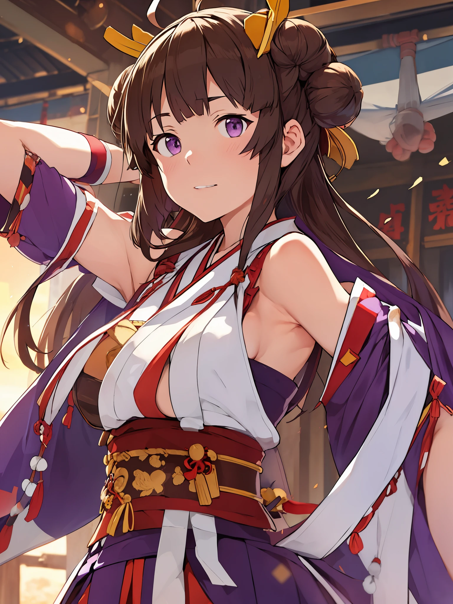 King Kong(KanColle),Show your armpits,brown hair, double bun, purple eyes, bun hair, Ahoge,non-traditional shrine maiden, removed sleeve,hair band, ribbon trimの袖, kimono, ribbon trim, looking at the viewer, 