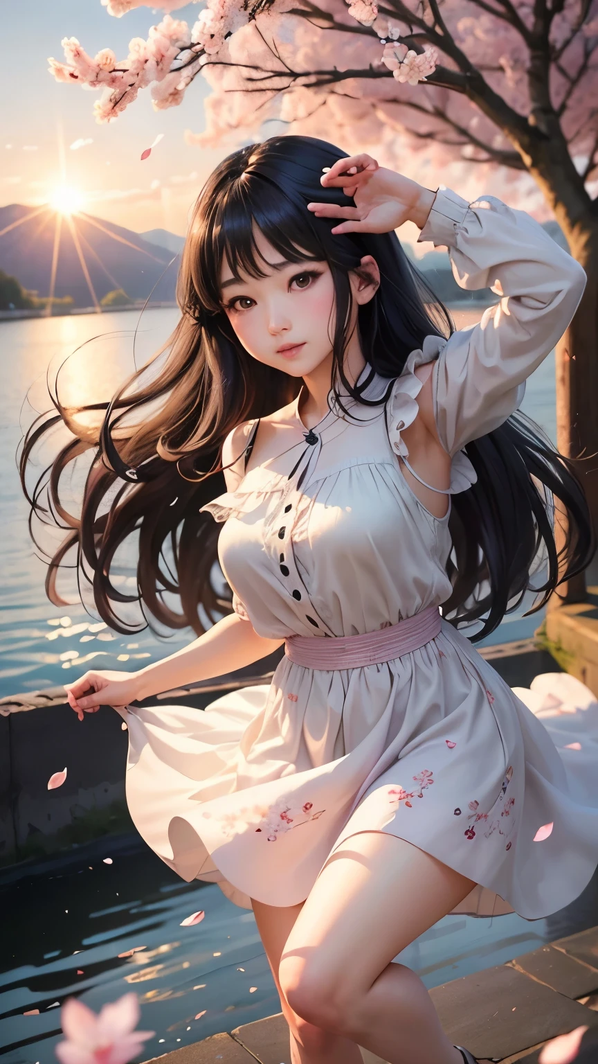 (logo、masterpiece、8K、table top、RAW photo、wonderful、最high quality、フォトリアリスティックでvery detailedな CG 統合 8k 壁紙、high quality、very detailed、narrative poem、particle effects、dynamic effects、Depth of bounds written、cinematic light、Lens flare、ray tracing)、fantasy、 (1 beautiful woman、dress、dress、cherry blossom pattern、black haired、beautiful face、real face、beautiful details eyes beautiful skin)、髪がWindで踊る、Hair flutters in Wind、hair jump、pink cherry tree、petals dance、SakuraFubuki、wonderful景色、sunrise、sun on background、Wind