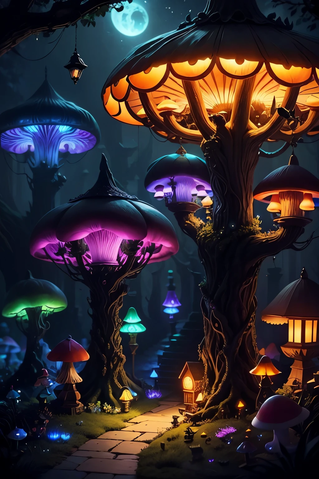 fantasy cats in nighttime mushroom town bioluminescent, mushrooms bigger than a cat, black cats, white cats, mice, fairies, elves, fairy lanterns, lighted windchimes,