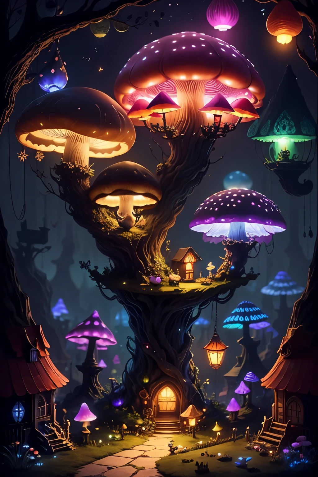 fantasy cats in nighttime mushroom town bioluminescent, mushrooms bigger than a cat, black cats, white cats, mice, fairies, elves, fairy lanterns, lighted windchimes,