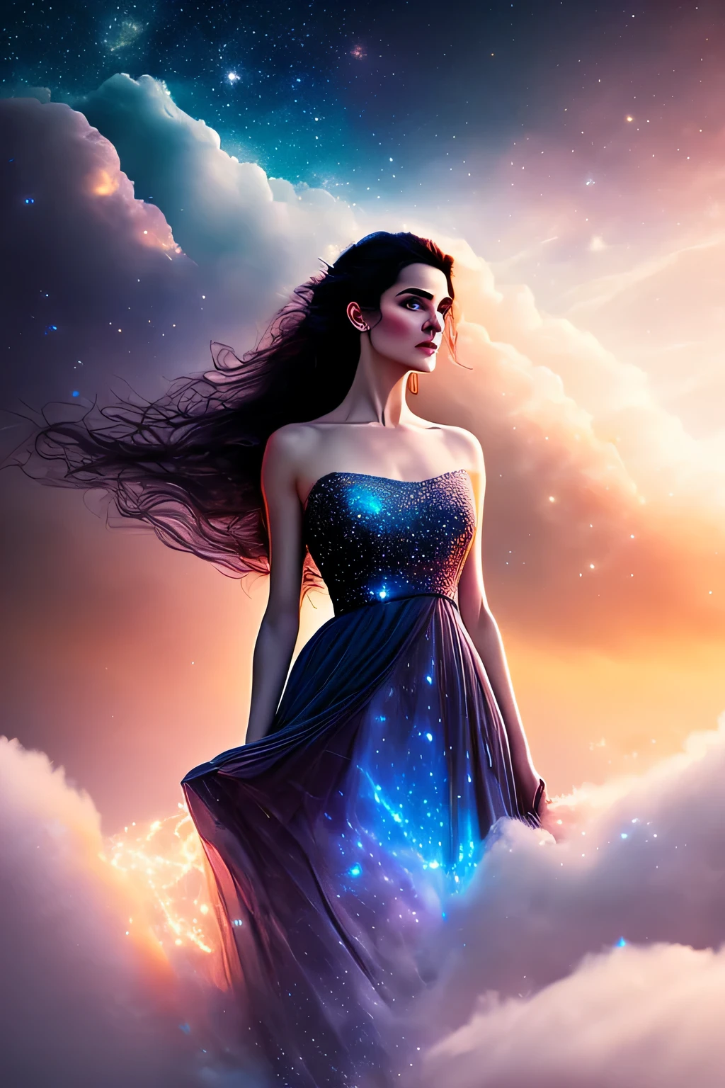 (melhor qualidade, high resolution, obra de arte:1.2), mulher de cabelos escuros detalhada, flowing dress, caminhando entre nuvens e estrelas, ethereal lighting, Cores sonhadoras