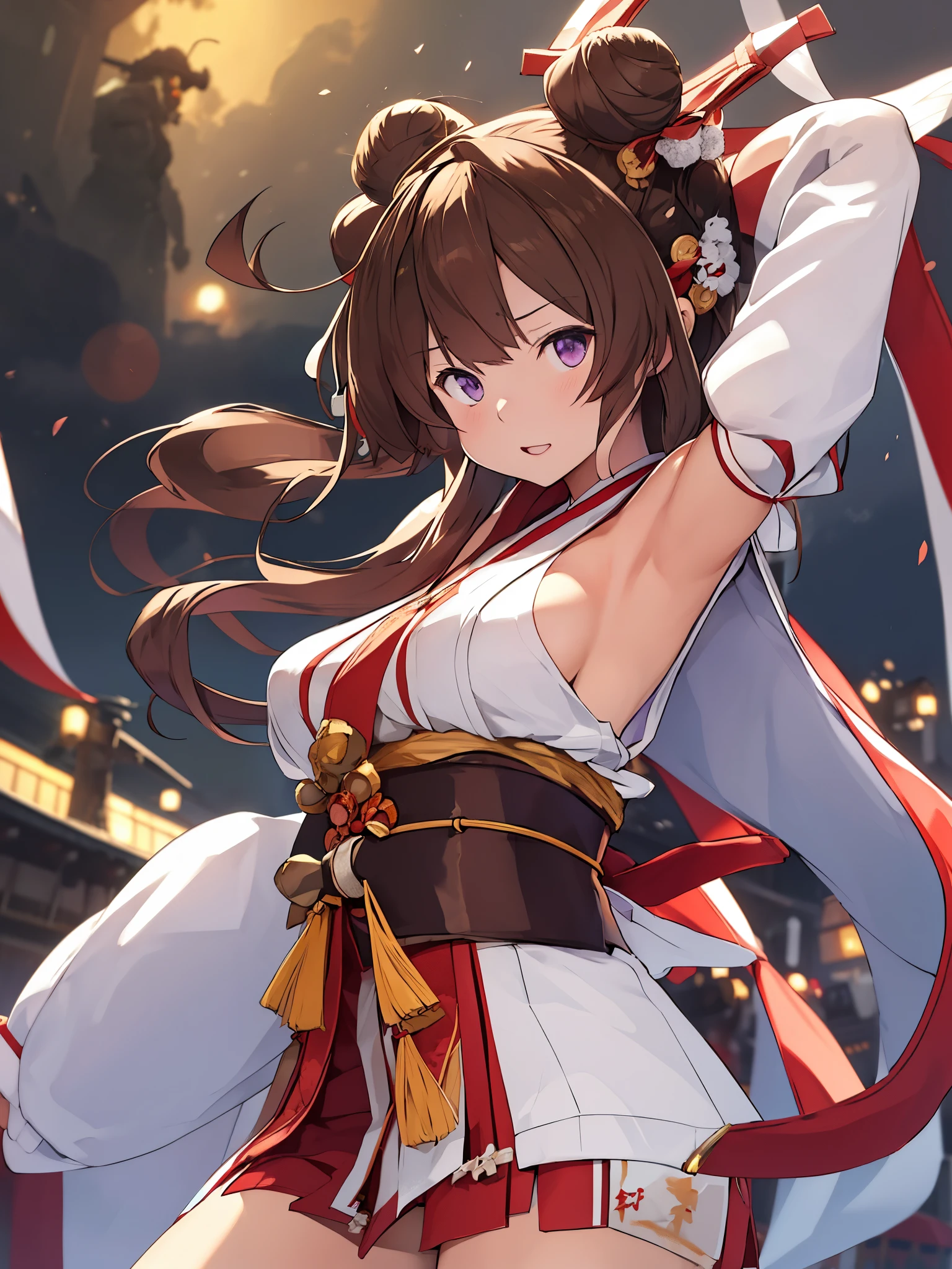 King Kong(KanColle),Show your armpits,brown hair, double bun, purple eyes, bun hair, Ahoge,non-traditional shrine maiden, removed sleeve,hair band, ribbon trimの袖, kimono, ribbon trim, looking at the viewer,