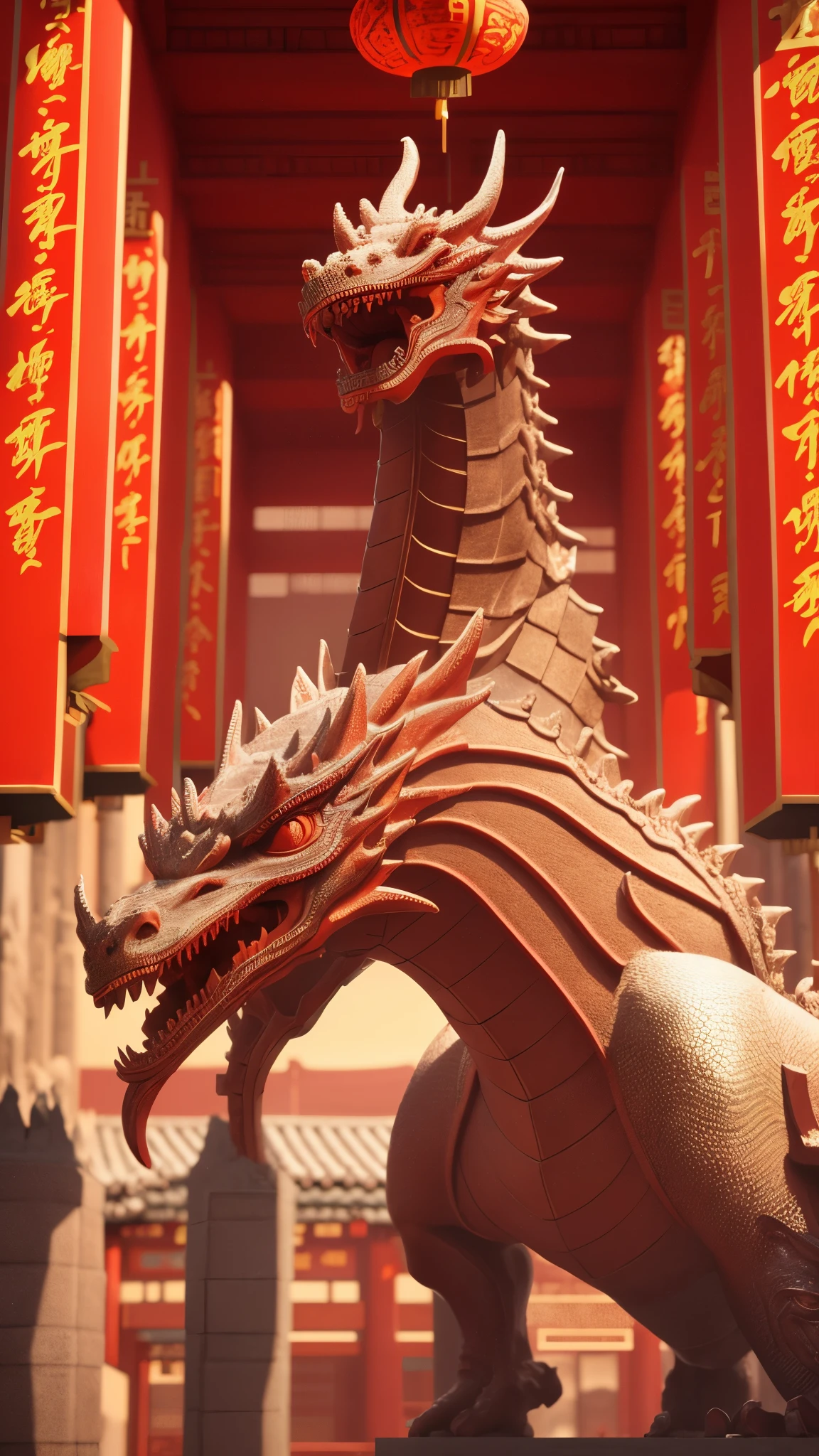 There is a dragon statue in front of a red building, Beautiful rendering of the Tang Dynasty, Cyberpunk Chinese Ancient Castle, Chinese dragon concept art, Popular topics on cgstation, Chinese style, Chinese fantasy, cgsociety and fenghua zhong, RossDraws global illumination, 4D cinema rendering, Rendering in cinema4d, Inspired by Dong Yuan, Chinese surrealism