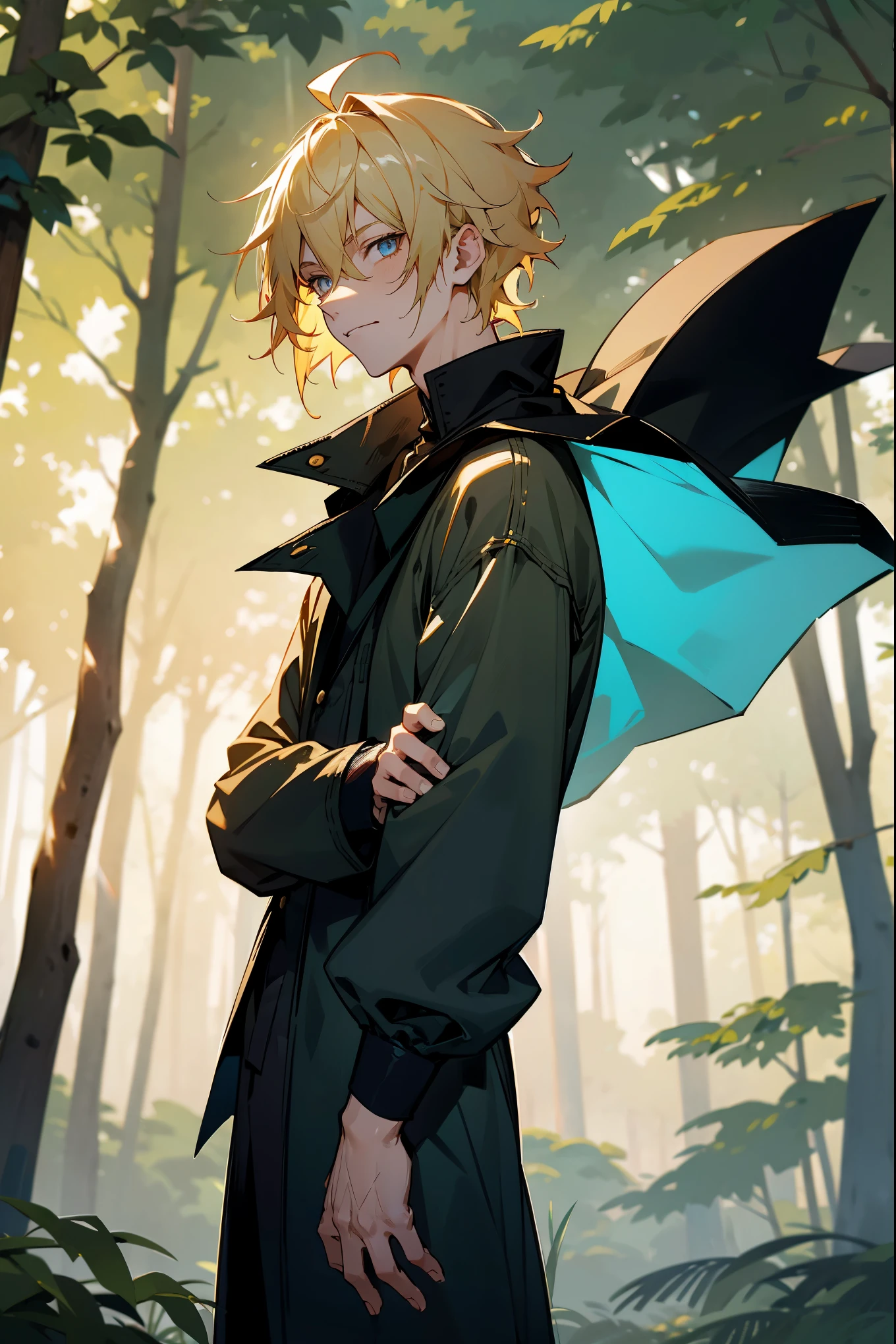 1male, blonde hair, black void eyes, short messy hair, casual clothing, casual overcoat, outside, forest background, sun shining, scar on arms, unamusing expression
