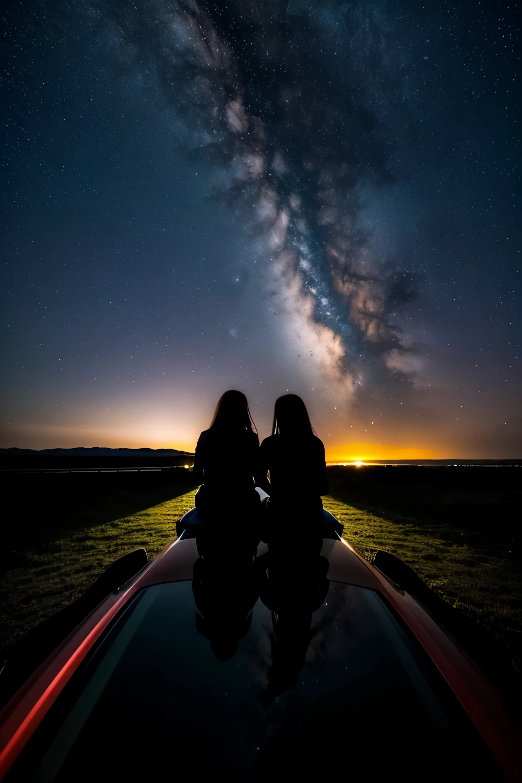landscape photography of two silhouette people, long flowing hair, sitting on top of a car, looking at the stars, starrystarscloudcolourful, highly detailed