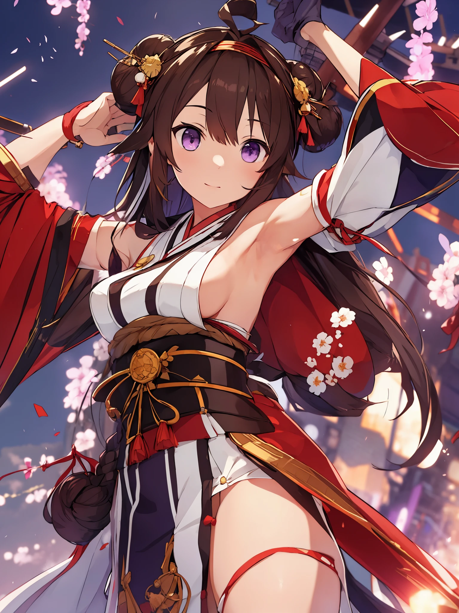 King Kong(KanColle),Show your armpits,brown hair, double bun, purple eyes, bun hair, Ahoge,non-traditional shrine maiden, removed sleeve,hair band, ribbon trimの袖, kimono, ribbon trim, looking at the viewer,