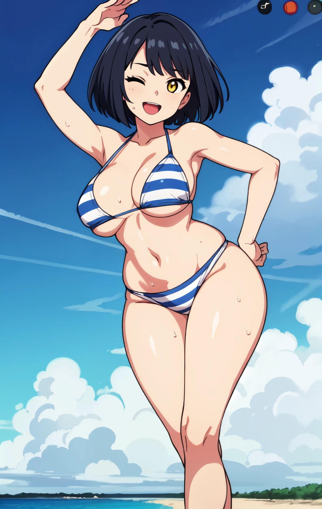 realistic, masterpiece, highest quality, perfect anatomy, (fine eyes), female police officer, huge breasts, Sweat, outdoor, Navy blue striped bikini, yellow eyes、bob cut、black hair 、swollen nipples、between the breasts, central opening, swollen nipples、pelvic curtain, (wide hips), :d, one eye closed、((embarrassing)), beach, standing split, raise your feet,raise your legs,stand on one leg