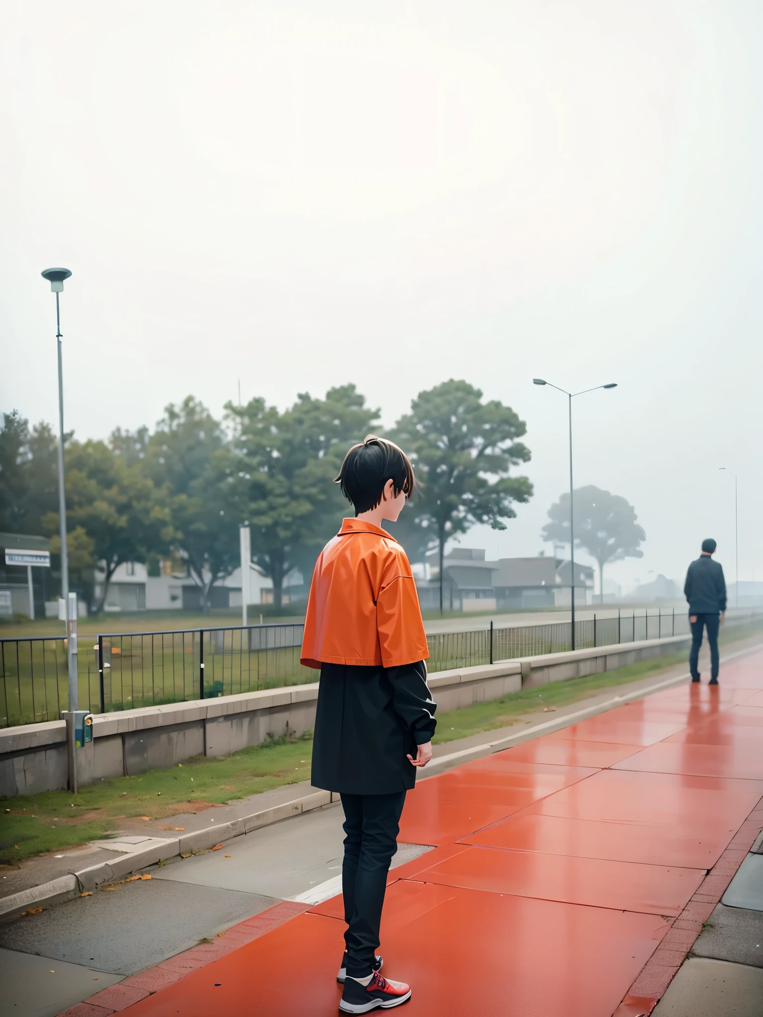 there is a man standing on a red walkway using a cell phone,anime style, overcast!!!, overcast!!! cinematic focus, distant full body shot, overcast weather, low quality photo, taken with the best dlsr camera, full body photogenic shot, very very low quality picture, fog!!!, at evening during rain, on a cloudy day, at college, overcast mood, overcast day