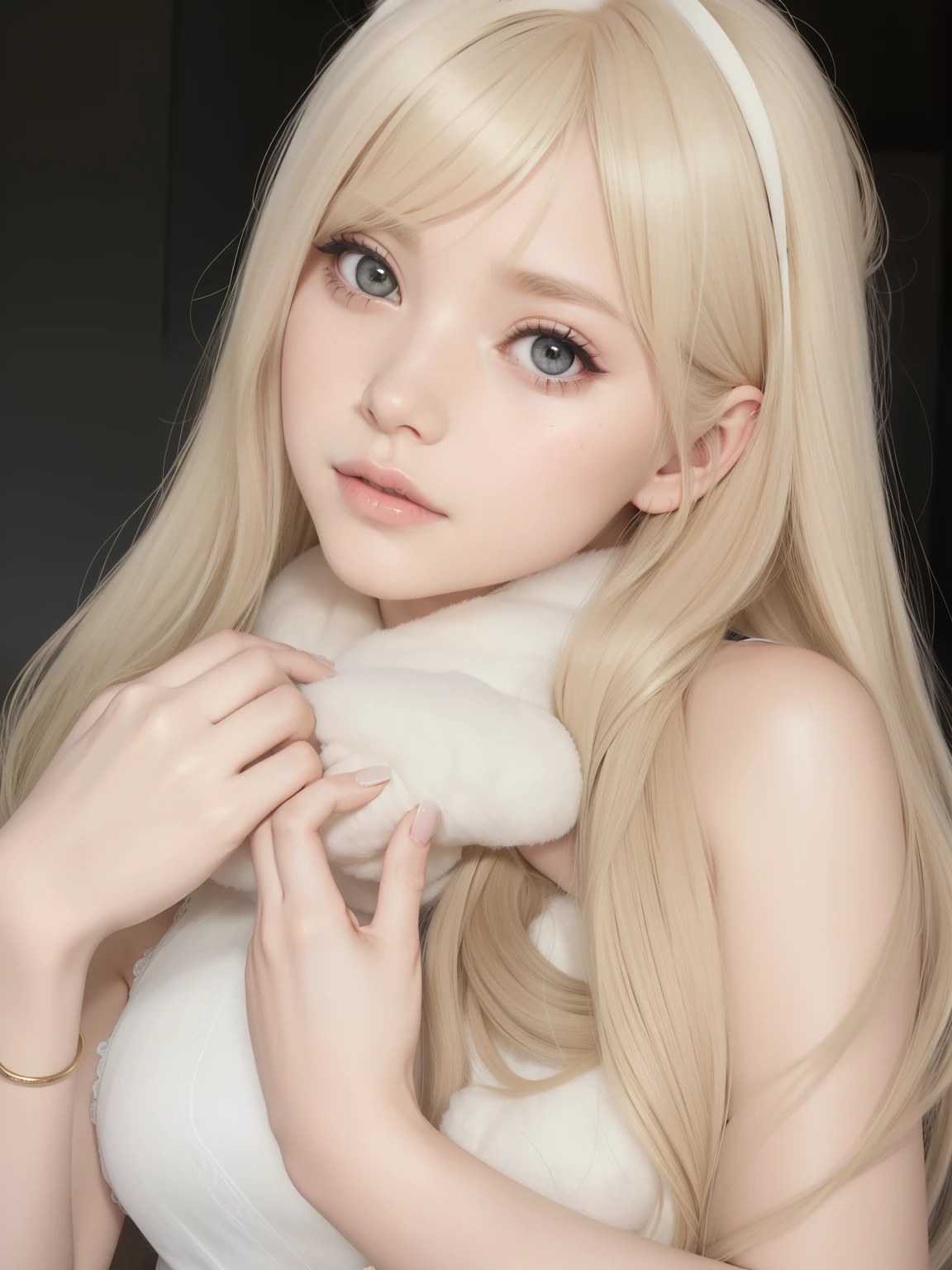 araffe with long blonde hair and a white fur collar, long blonde hair and big eyes, belle delphine, long blonde hair and large eyes, very beautiful cute catgirl, shikamimi, long white hair and bangs, ultrarealistic sweet bunny girl, lalisa manobal, with white long hair, white hime cut hairstyle, blonde hair and large eyes