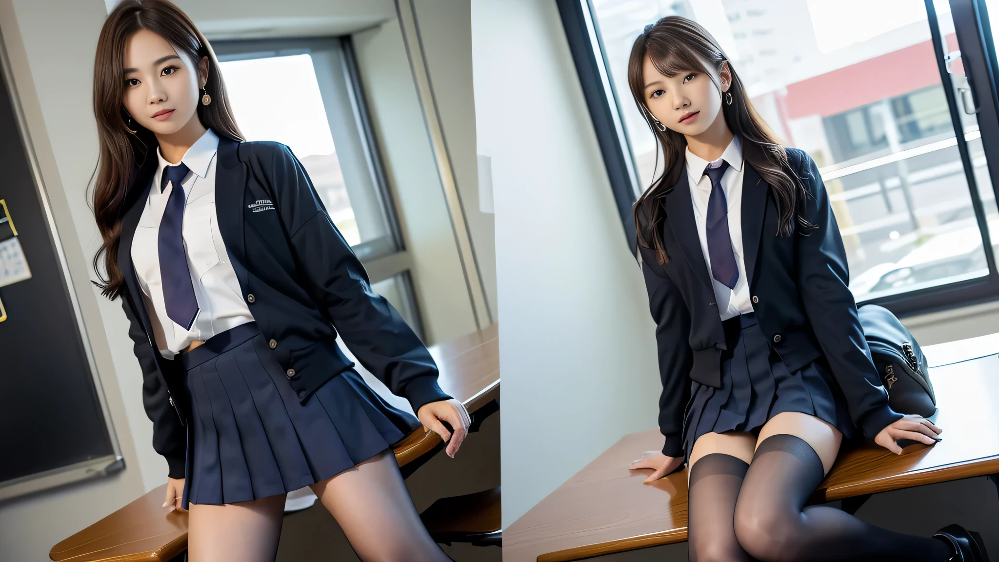 (16k, RAW photo, best image quality, masterpiece: 1.45), (realistic, Photoreal: 1.37), one girl, cute, cityscape,, professional lighting, photon mapping, school classroom, Physically based rendering, dark brown hair,ponytail hairstyle, beautiful eyes、((double eyelid))、super cute girl, (((school uniform、blazer、Long-sleeved shirts worn by Japanese high school girls、ribbon tie、navy blue mini skirt,、dark blue socks、black loafers))), highest quality photos, High resolution, 1080P, (clean face), (Detailed facial description), (Detailed explanation of hands), (masterpiece), (Detailed CG)、extreme light and shadow、messy hair、master work、Rich details、(detailed facial features)、(highest quality photos)、(Masseter muscle part)、(fine eyes)、look in front of you、thin clavicle、((Thin and large))、(((Japanese female students wear jackets and long-sleeved shirts)))、((neat idol))、((school gate、schoolyard、School building in the background))、(Take photos from random viewpoints)、(((anyway that's cute)))、earrings、big smile、Draw the whole body from the knees、Don't draw thin lines、(((Sports bags used by Japanese high school girls)))、(Big drooping:1.2)、big and firm butt、two arms and two legs、(((from the front:0.7)))、bare hands、(((symmetrical eyes)))、standing pose、There are also chairs、put your hands on the desk、Do not remove the jacket tie、raise your butt:1.5,don't wear a condom:1.5,perfect body、sexy pose、perfect body、,(lie:1.3)