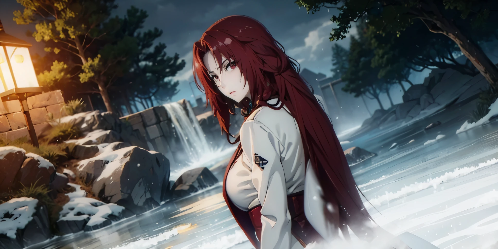 Iris, red hair, long hair, braid, red eyes, heavy breathing, huge breasts, breast press, 1girl, wet, wet_clothes, long_hair, solo, rain, see-through, breasts, tree, sitting, outdoors, dress, wet_dress, wet_hair, looking_at_viewer, large_breasts, ass, cloudy_sky, water, white_dress, parted_bangs, arm_support, barefoot, water_drop, long_sleeves, rock, looking_back, glow effects, godrays, Hand drawn, render, 8k, octane render, cinema 4d, blender, dark, atmospheric 4k ultra detailed, cinematic, Sharp focus, big depth of field, Masterpiece, colors, 3d octane render, 4k, concept art, trending on artstation, hyperrealistic, Vivid colors, extremely detailed CG unity 8k wallpaper, trending on CGSociety, Intricate, High Detail, dramatic"", (anime coloring, anime screencap:1.4), nijijourneyV51,
