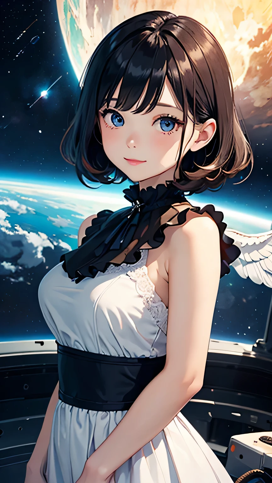 highest quality, pastel painting, Gentle atmosphere, Twin Girl Angel, cute, smile happily, brown short hair of different colors,,,, Blue-eyed ones, Green-eyed ones, different color dresses, flower hair ornament, Upper body, looking at the viewer, space, meteor, light,