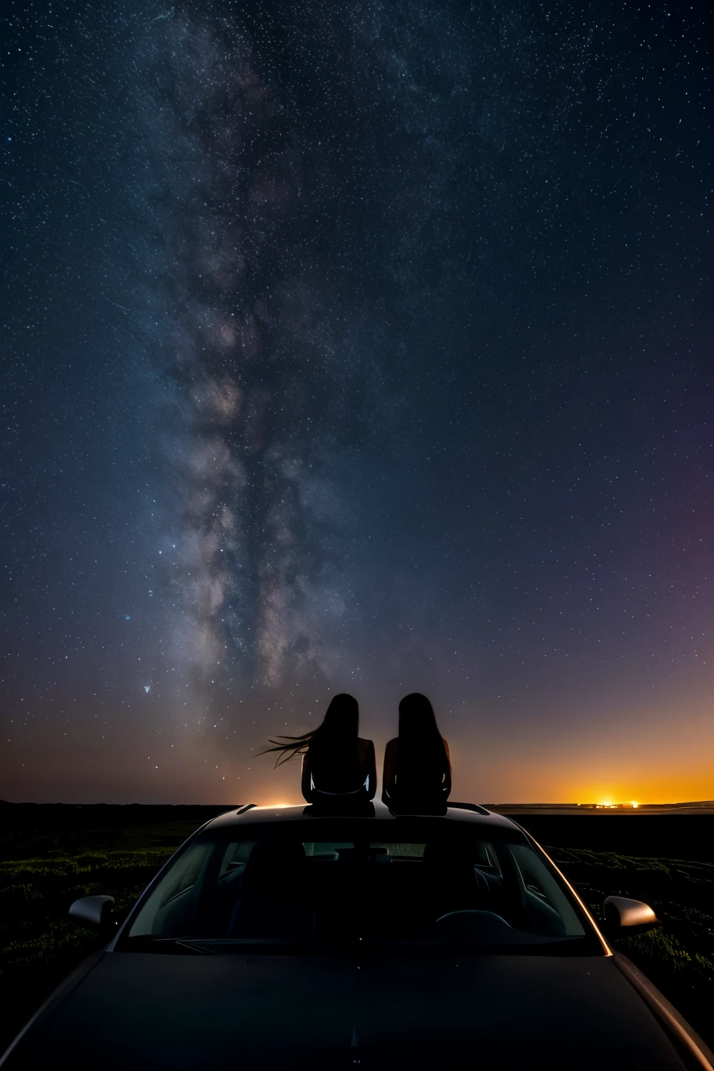 landscape photography of two silhouette people, long flowing hair, sitting on top of a car, looking at the stars, starrystarscloudcolourful, highly detailed