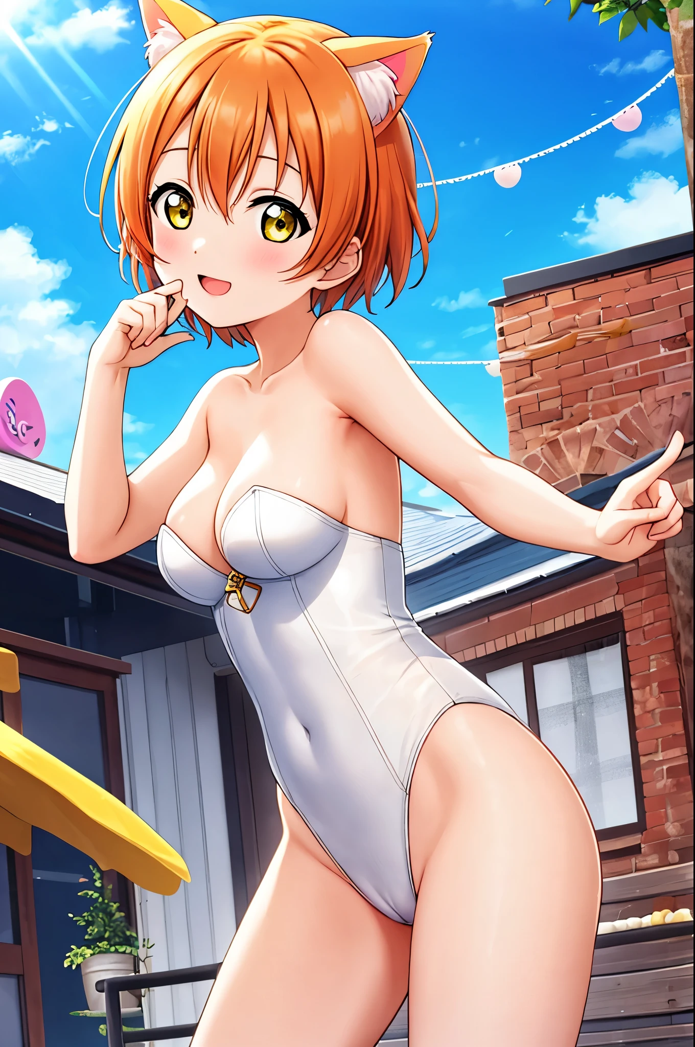 masterpiece, best quality,(hoshizora rin:1.000), cowboy shot,yellow eyes, orange hair, (breasts:0.996), white strapless leotard,cat ears, pussy wedgie