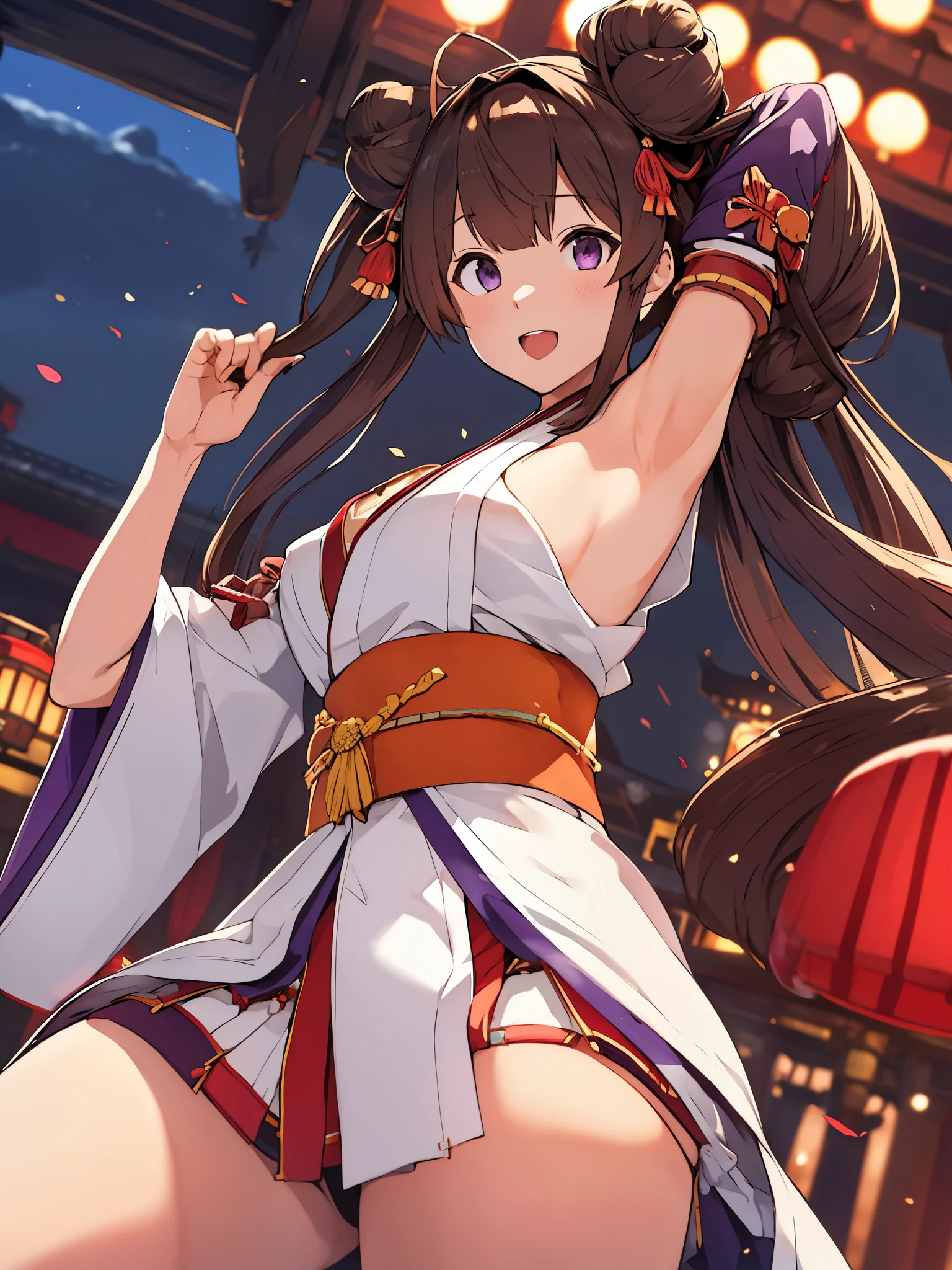 King Kong(KanColle),Show your armpits,brown hair, double bun, purple eyes, bun hair, Ahoge,non-traditional shrine maiden, removed sleeve,hair band, ribbon trimの袖, kimono, ribbon trim, looking at the viewer, smile,