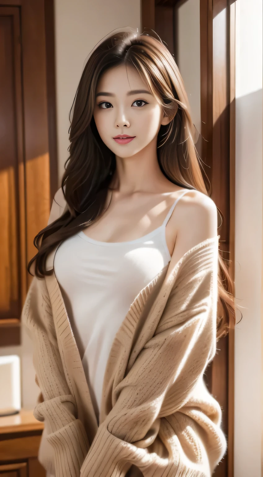 muste piece、best quality、illustration、 Super detailed、fine details、 High resolution、8K Dende Wallpaper、perfect dynamic composition、31 year old beautiful mature woman、clear、detailed face、detailed eyes、textured skin、faint smile、small breasts、bold sexy pose、Winter casual wear、