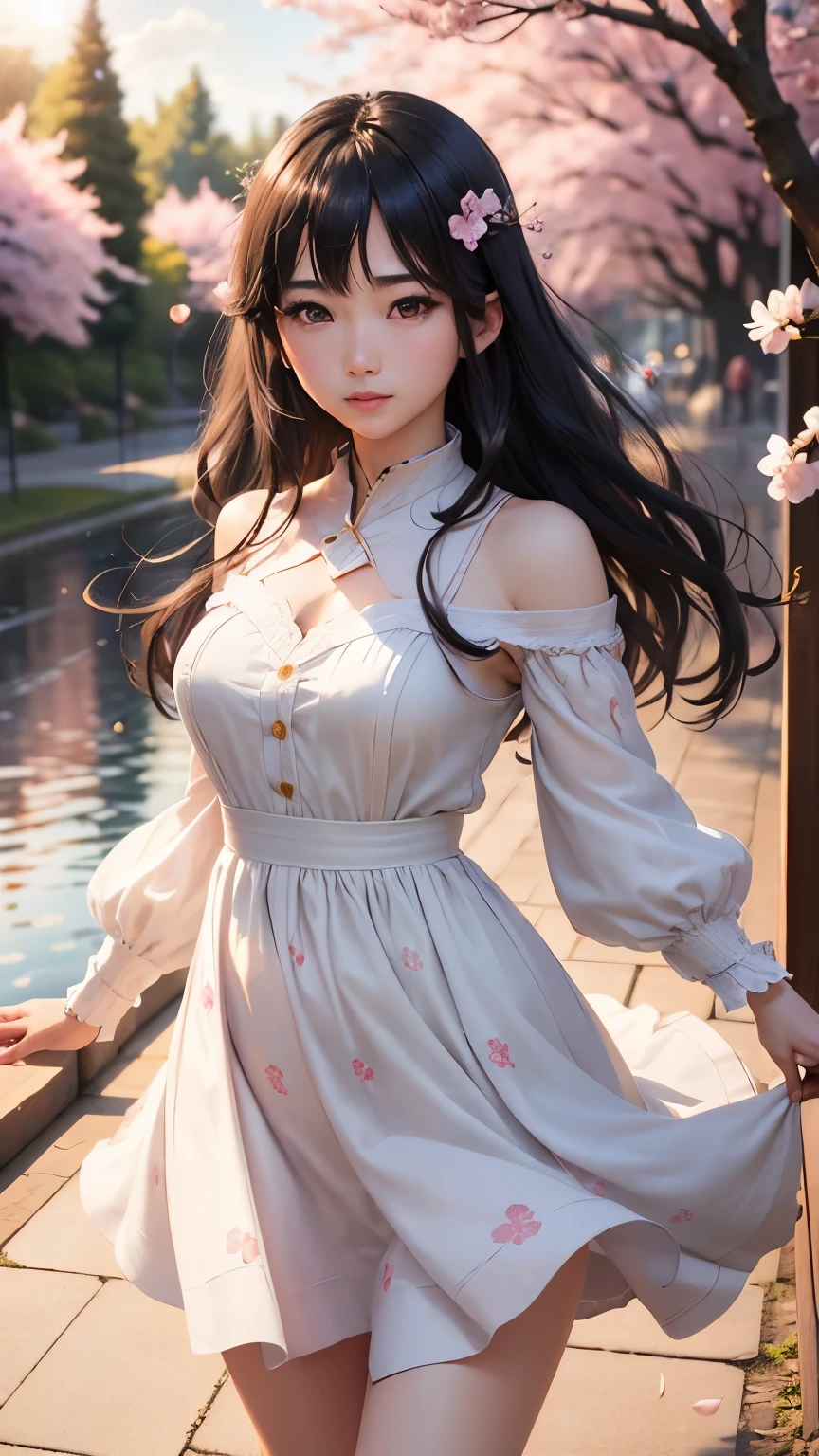 (logo、masterpiece、8K、table top、RAW photo、wonderful、最high quality、フォトリアリスティックでvery detailedな CG 統合 8k 壁紙、high quality、very detailed、narrative poem、particle effects、dynamic effects、Depth of bounds written、cinematic light、Lens flare、ray tracing)、fantasy、 (1 beautiful woman、dress、dress、cherry blossom pattern、black haired、beautiful face、real face、beautiful details eyes beautiful skin)、髪がWindで踊る、Hair flutters in Wind、hair jump、pink cherry tree、petals dance、SakuraFubuki、wonderful景色、sunrise、sun on background、Wind