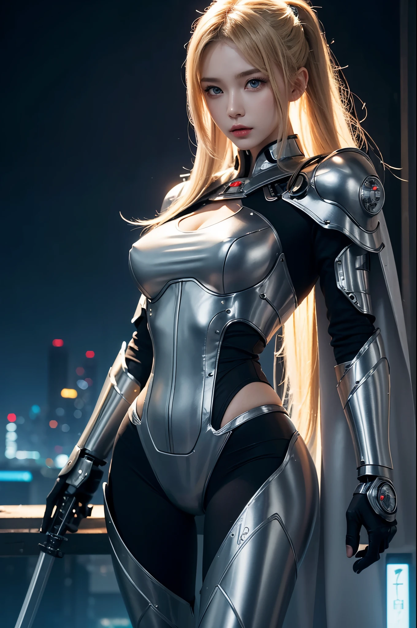 photorealistic, high resolution, soft light, 1women, charming Russian model Nata Lee, solo, hips up, (detailed face), blonde long hair, cyber samurai, cyborg, cyberpunk, cyber armor with cape, holding weapon, glowing, katana, city at night