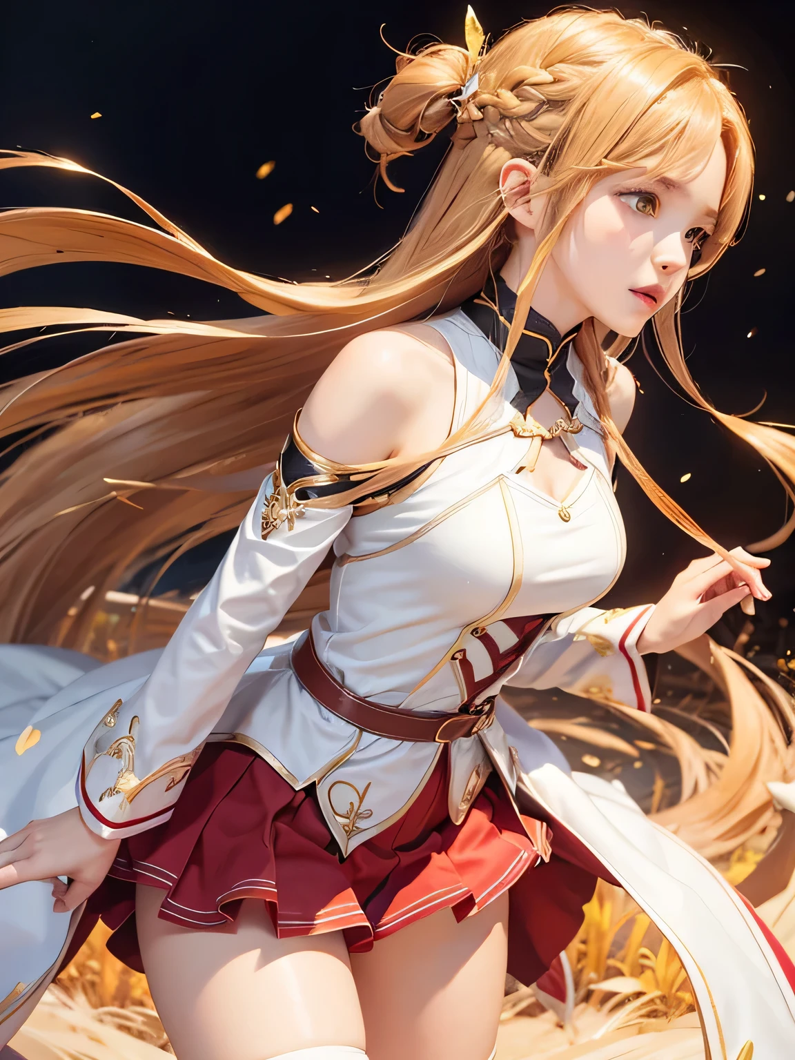 Asuna Yuki(Arte da Espada Online), dynamic angle, Cabelo longo bronze,Braid,olhos castanhos,olhos detalhados,Grande linha do peito,rolar para a frente,armadura,chest flap,Camisa branca com mangas compridas,mangas destacadas,Saia vermelha e branca,saia plissada,Realista,Your slender legs are so cute.,pernas longas muito bonitas.,coxa branca,Ligas,corpo perfeito,Realista,standing,calcinha luxuosa de renda branca,estilo de luta,pose de luta, dynamic pose hand holding an exciting luxury in the hand,saia para cima,