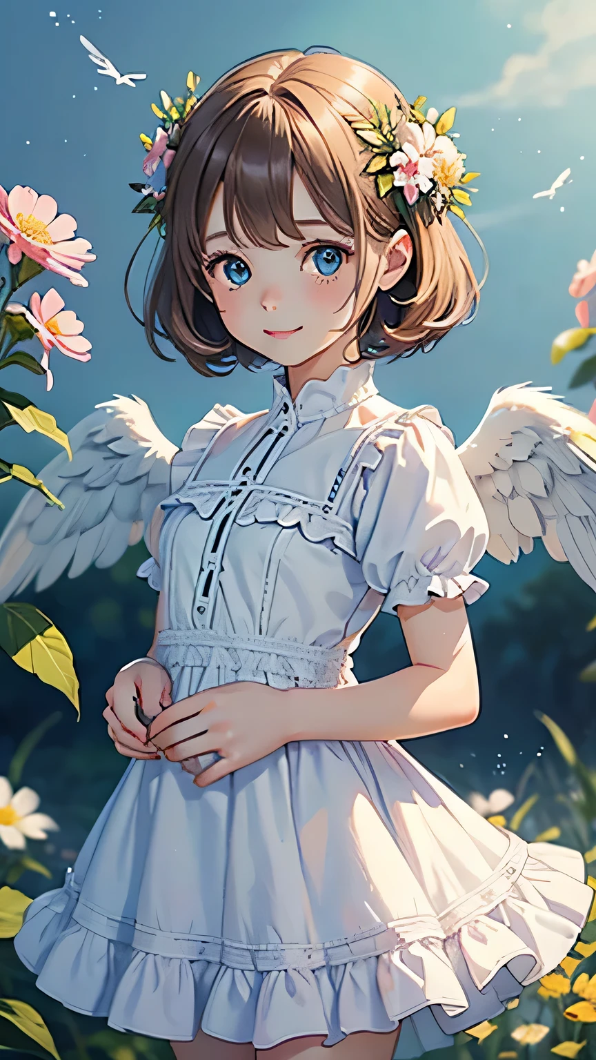 highest quality, pastel painting, Gentle atmosphere, Twin Girl Angel, cute, white wings, smile happily, brown short hair of different colors,,,, Blue-eyed ones, Green-eyed ones, different color dresses, flower hair ornament, Upper body, looking at the viewer, space, meteor, light,
