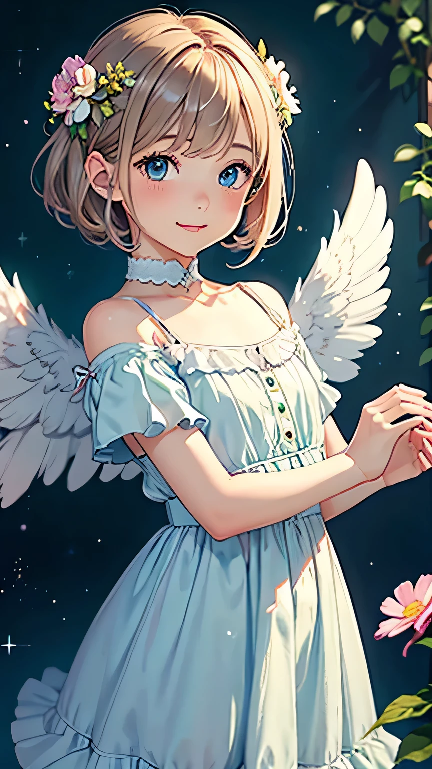 highest quality, pastel painting, Gentle atmosphere, Twin Girl Angel, cute, white wings, smile happily, brown short hair of different colors,,,, Blue-eyed ones, Green-eyed ones, different color dresses, flower hair ornament, Upper body, looking at the viewer, space, meteor, light,