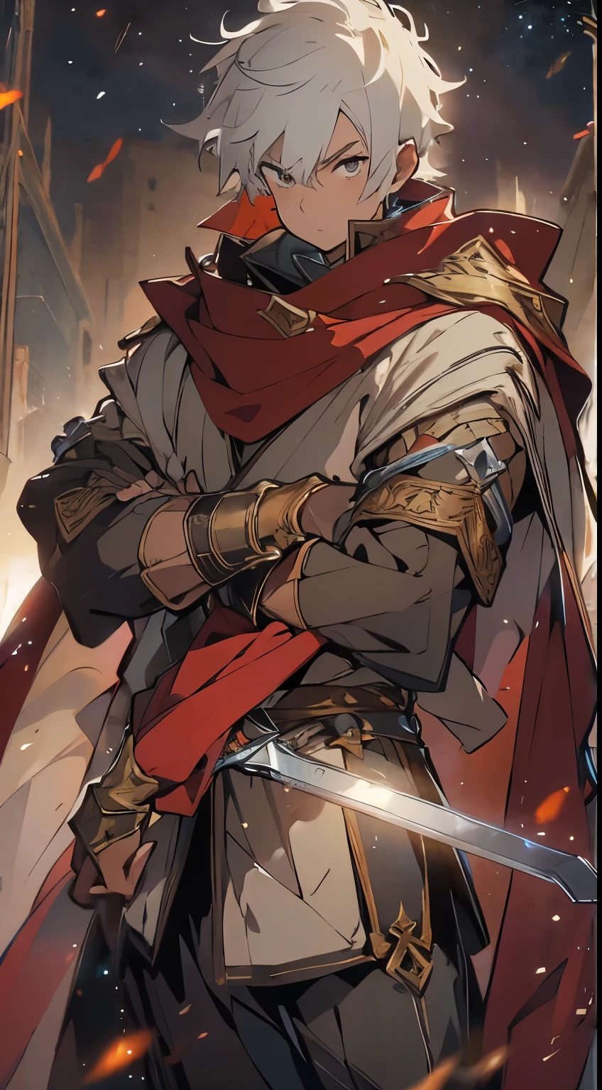 Medieval fantasy, Tall male adventurer wearing brown clothes, teenager, detailed face, red cape, short white hair, gold eyes, sword on hilt, serious face, Windy background, portrait, looking at camera, cinematic lighting, night